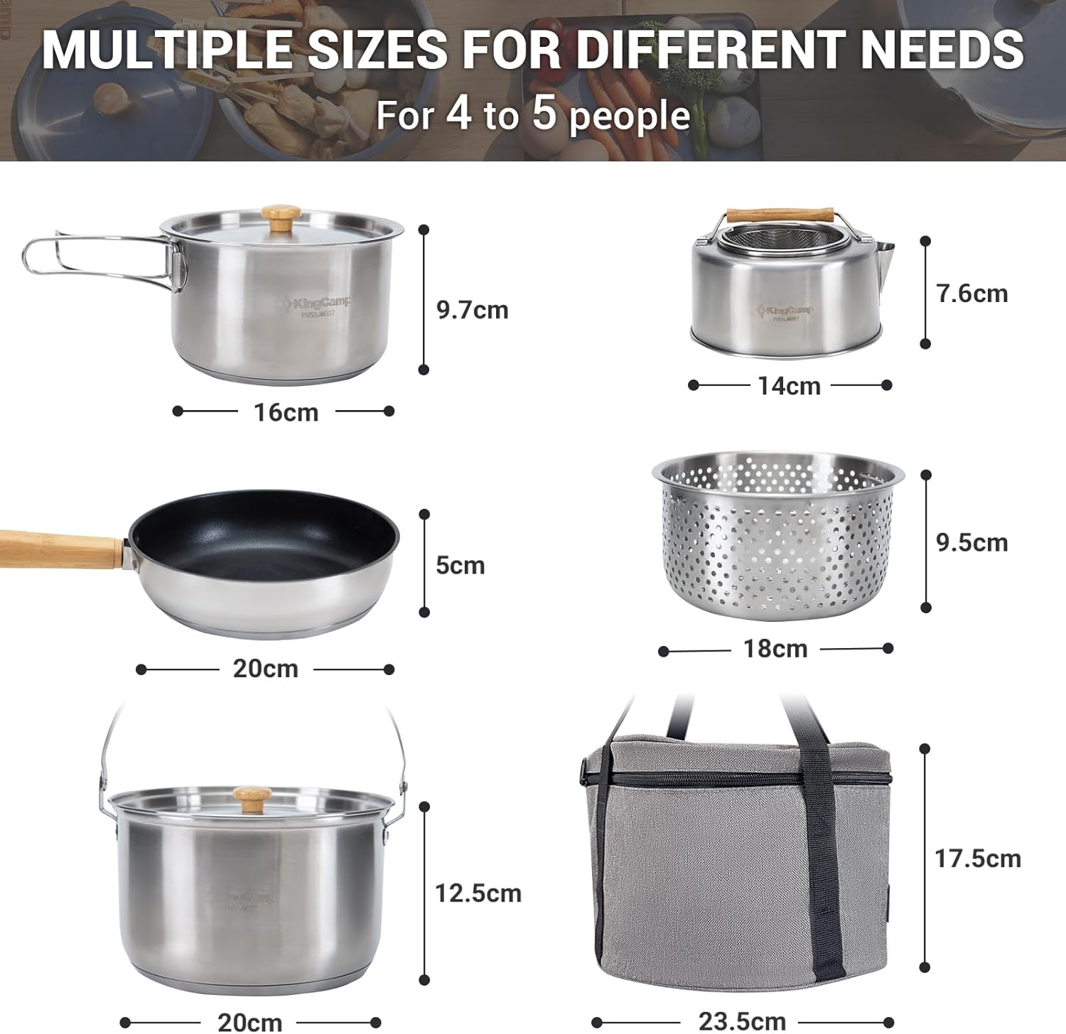 KingCamp Camping Cookware Set, 304 Stainless Steel Campfire Cooking Pots Pan and Kettle with Travel Tote Bag for Camping Outdoor Kitchen Cooking Picnic for 4-6 - Image 2