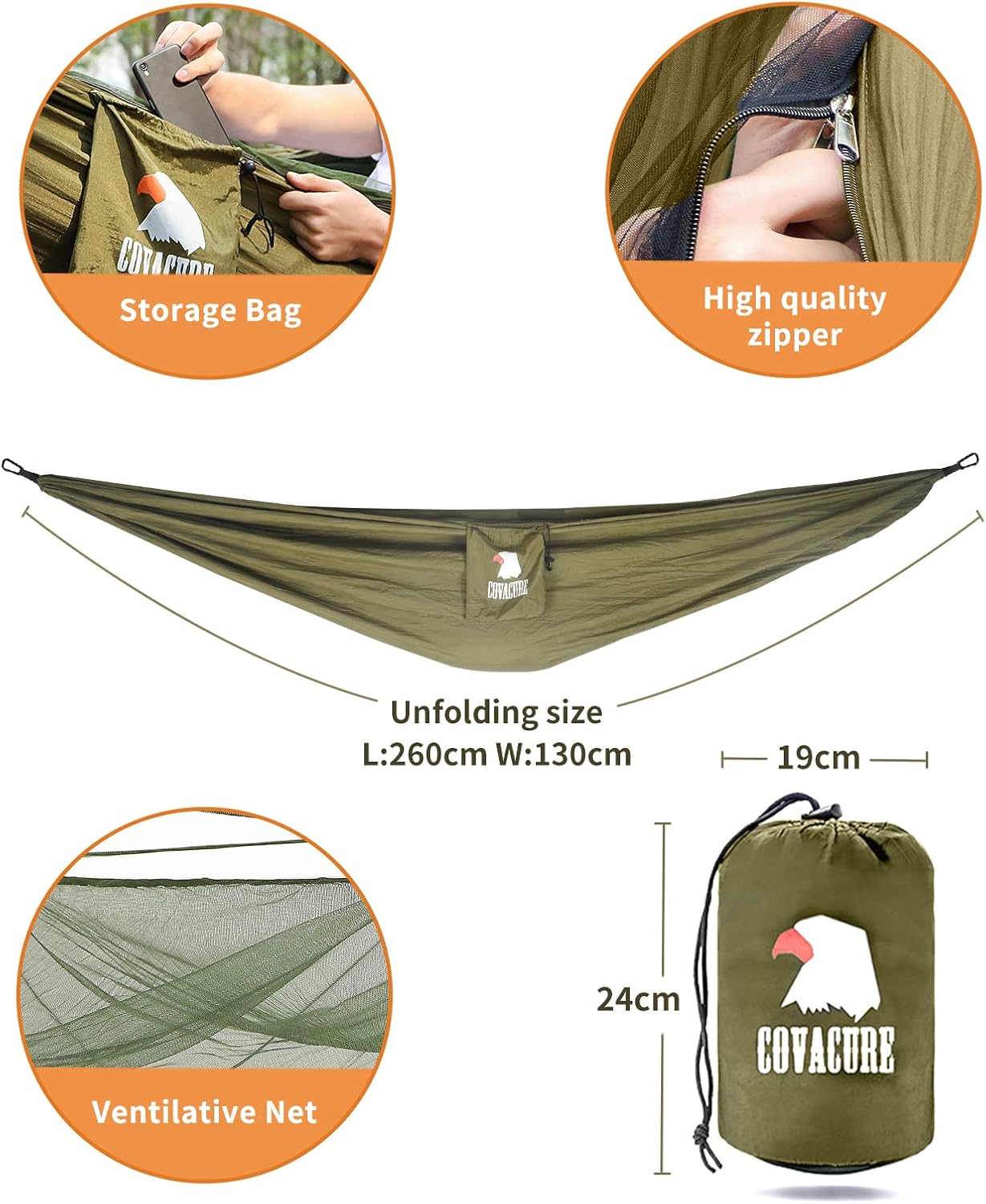 COVACURE Camping Hammock with Mosquito Net, Ultralight 210T Parachute Nylon with Two 10FT Tree Straps for Outdoor Camping Accessories - Image 3