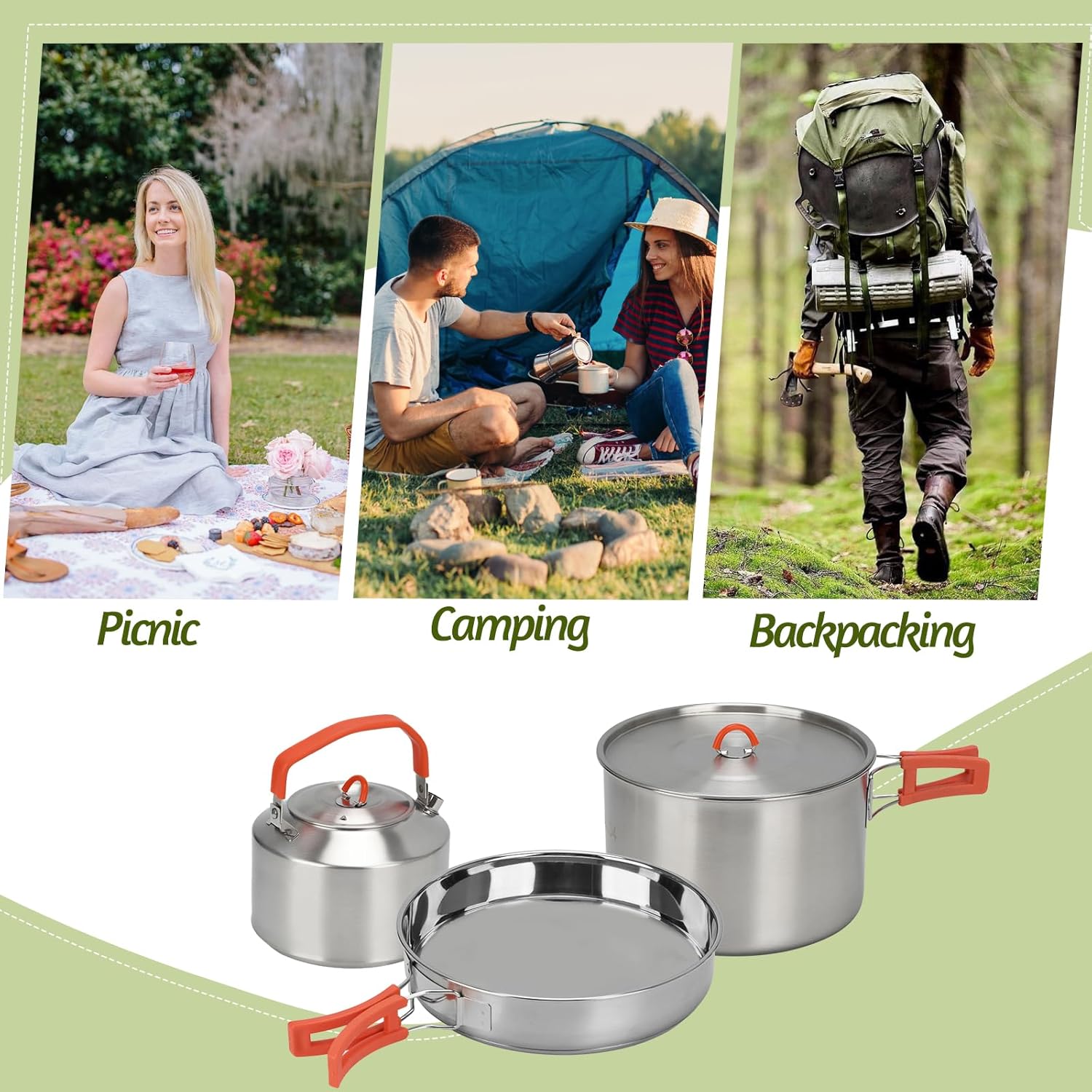 304 Stainless Steel Camping Cookware Set - Large Frying Pan, Pot & Kettle with Folding Handle, Lightweight Fast Boil Suitable Indoor & Outdoor Cooking for Fishing, Backpacking, Picnic 3-6 People - Image 6