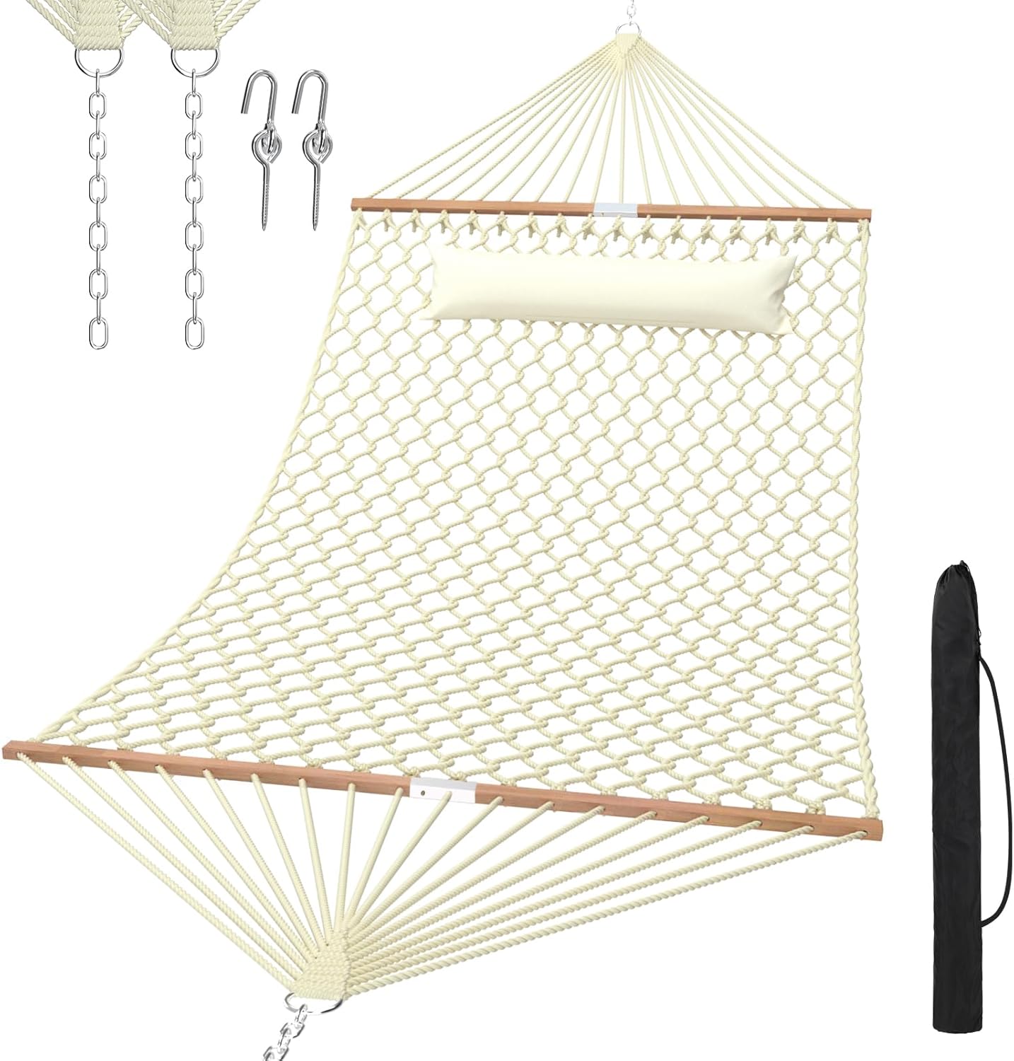 13FT Hammocks, Traditional Hand Woven Cotton Rope Hammock with Free Extension Chains for Outdoor Indoor Patio Yard 450 LSB Capacity for Two Person (Natural)