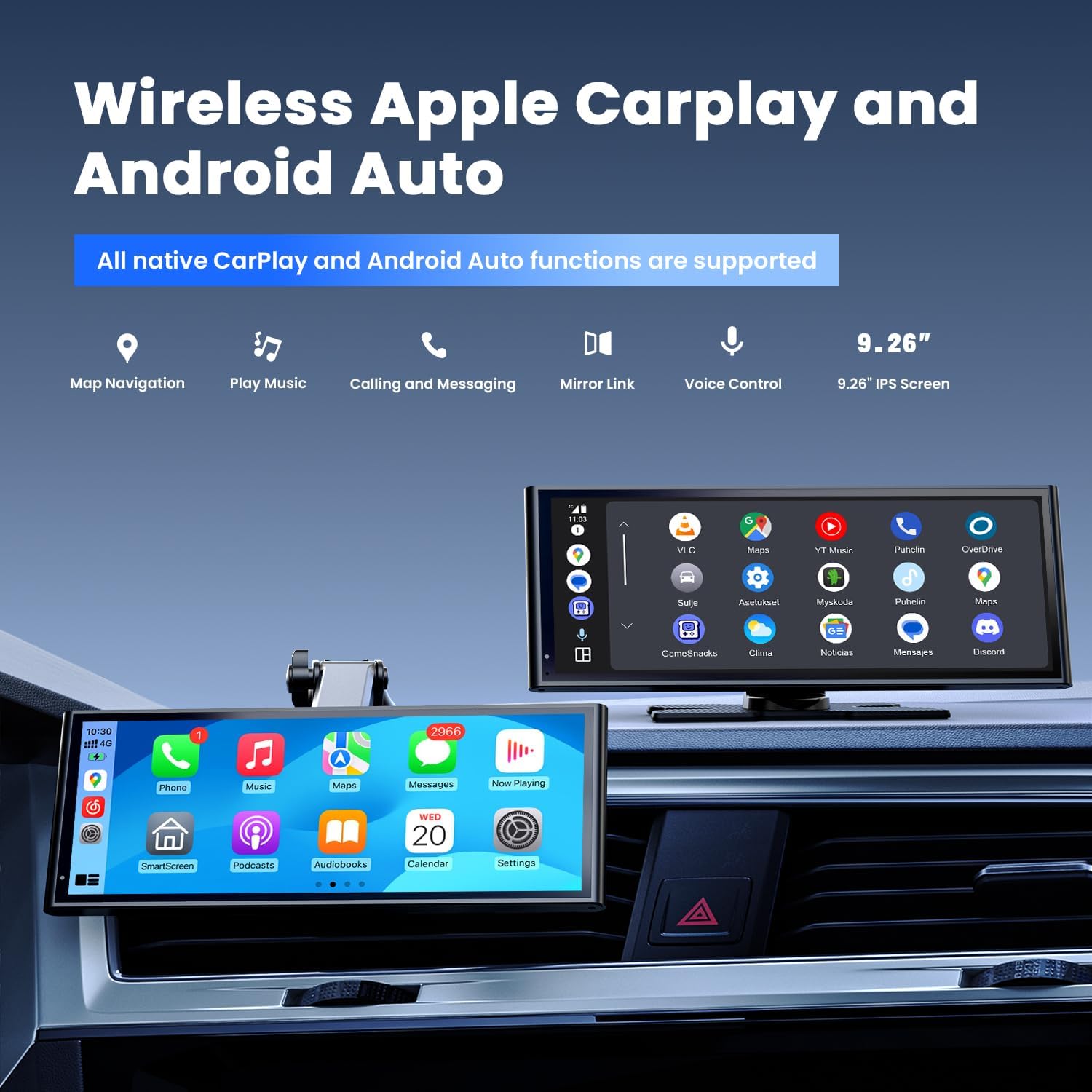 9.26" Wireless Portable Car Play Screen for Apple CarPlay & Android Auto, OTA Updates, Backup Camera, Mirror Link, 5.0 Bluetooth, Voice Control, GPS Navigation, FM - Image 2