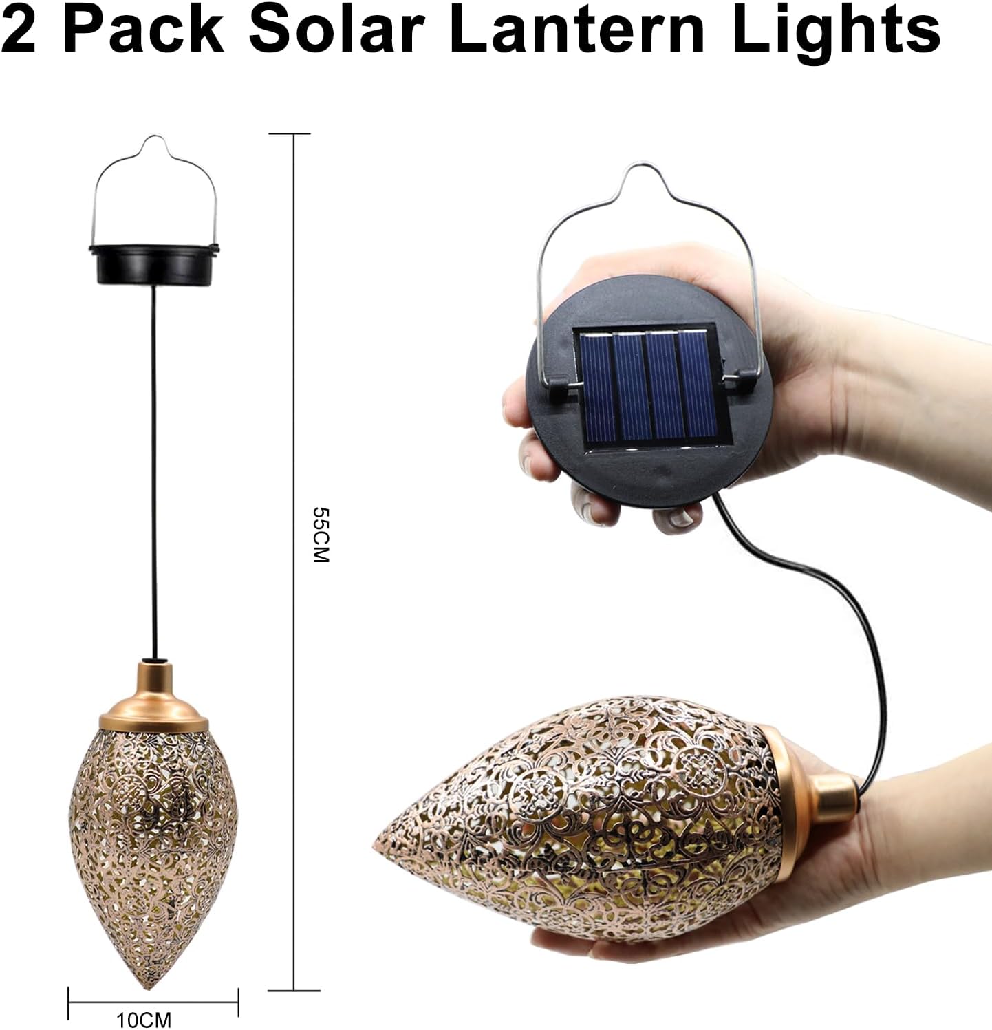 2 Pack Solar Lantern Lights, Vintage Hanging Solar Lights Outdoor Garden Lantern Waterproof Metal Lamp Garden Ornaments for Birthday Gifts Patio Backyard Porch Lawn Tree Pathway - Image 3