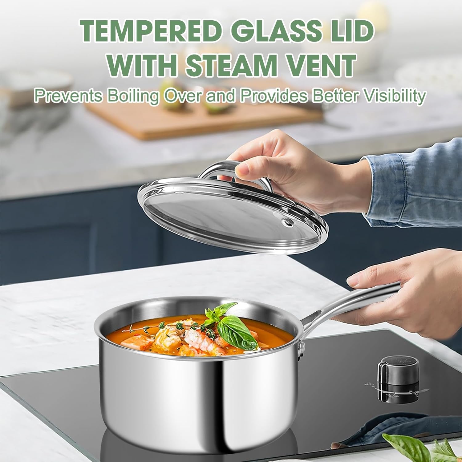 3 Ply Stainless Steel Pot and Pan Set – 11pcs Cookware Set with Glass Lids – Induction Pots and Pans Set – Saucepan Pots & Frying Pan Set, Oven Safe, PFOA, PTFE & PFOS Free - Image 4