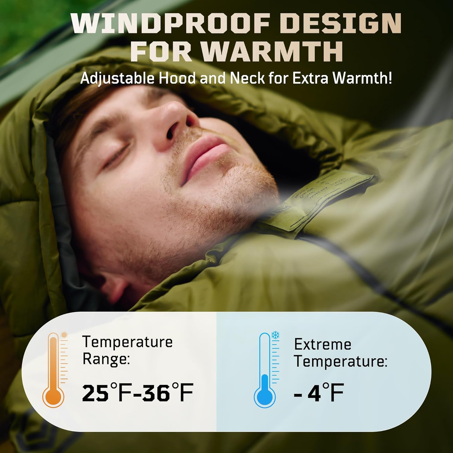 4 Season Cold Weather Sleeping Bag for Adults - Fits up to 185cm (6'1") Mummy Sleeping Bag, Ultralight 1.7kg, Windproof, Comfort Range -4°C to 2°C for Camping & Hiking - Image 2