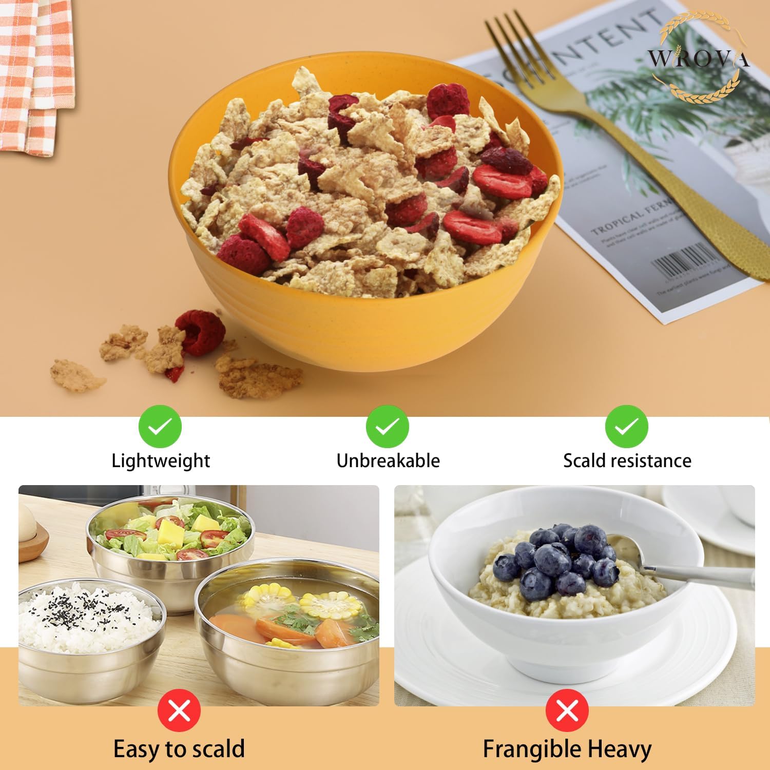 Wrova Reusable Plastic Bowl Sets 8 PCS Unbreakable Cereal Bowl 26 OZ Microwave and Dishwasher Safe Bowl Sets for Camping and Picnic Lightweight Kitchen Bowls for Serving Soup, Oatmeal and Fruit-Multi - Image 5