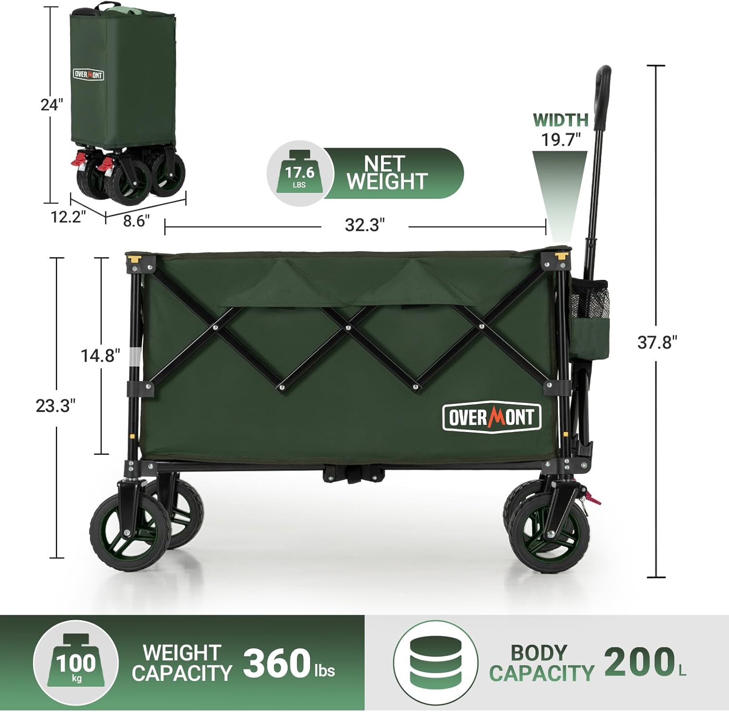 Overmont 200L Folding Festival Trolley on Wheels – 150kg heavy duty Portable Camping Cart, beach wagon with Adjustable Handle & Wide Wheels for Garden, Picnic, Outdoor, Fishing, Shopping – Green - Image 7