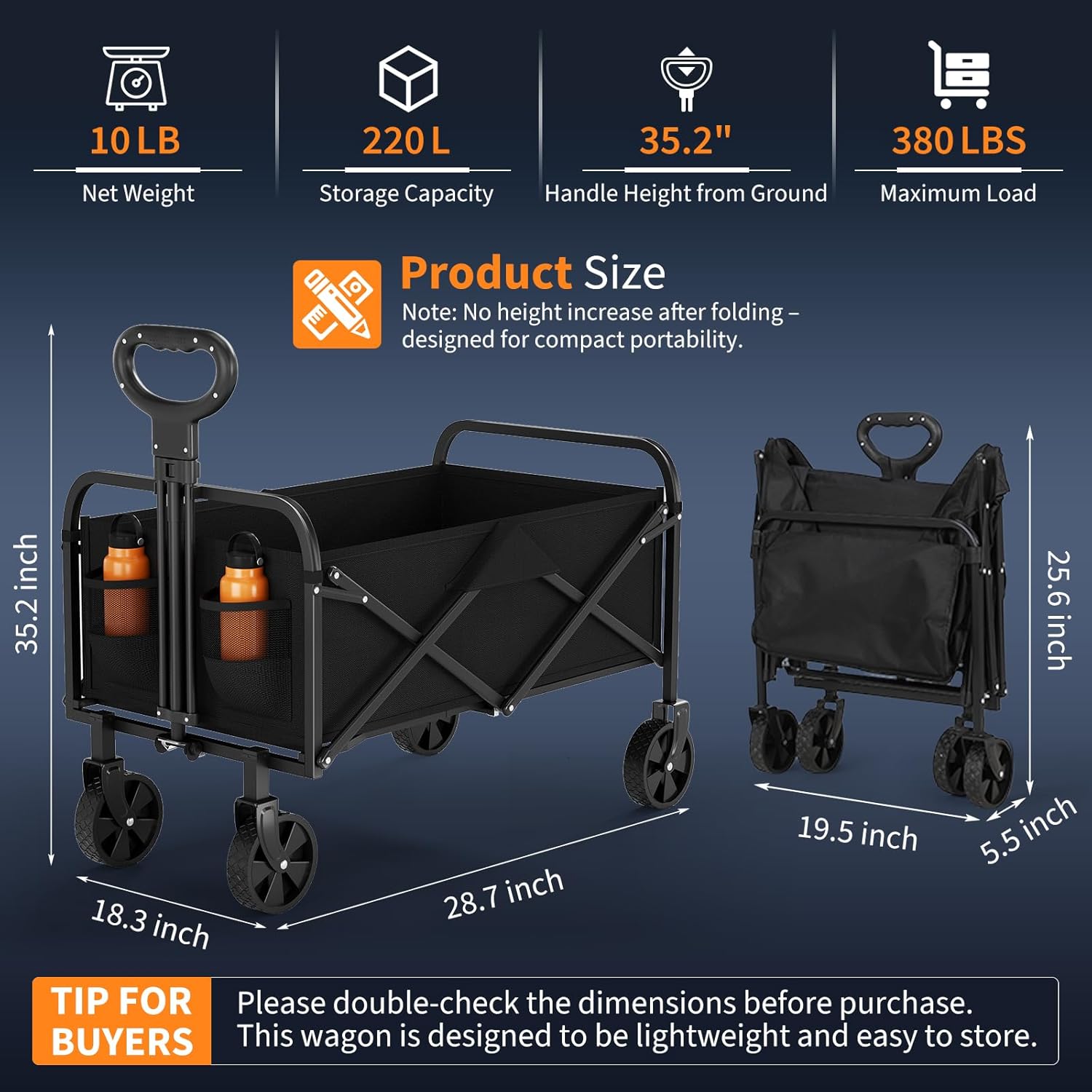 Folding Collapsible Wagon Trolley,Heavy Duty Utility Cart for Christmas Shopping, Gift Hauling & Outdoor Use, 220lbs Capacity with Adjustable Handle,Portable Foldable Cart for Markets, Garden & Beach - Image 6