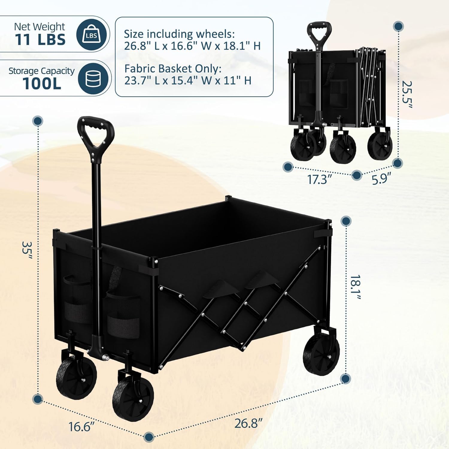Favoyard 100L Foldable Festival Trolley on Wheels, Garden Wagon Cart with Adjustable Handle and Drink Holder, Portable Camping Trolley Cart for Beach Camping Garden Outdoor Fishing, Black - Image 2
