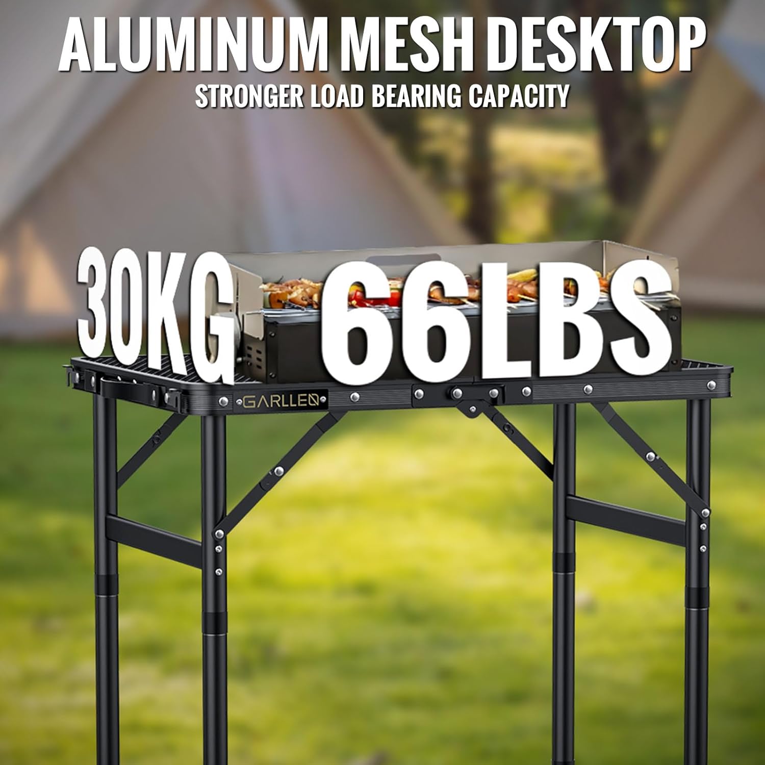 GARLLRN 2ft Folding Grill Table Max Height 70cm, 3-Height Adjustable Camping Table with Heat-Resistant Mesh Tabletop, Portable Aluminum Picnic Tables for BBQ, Camping, Outdoor, 22.8"L x 15.7"W - Image 4