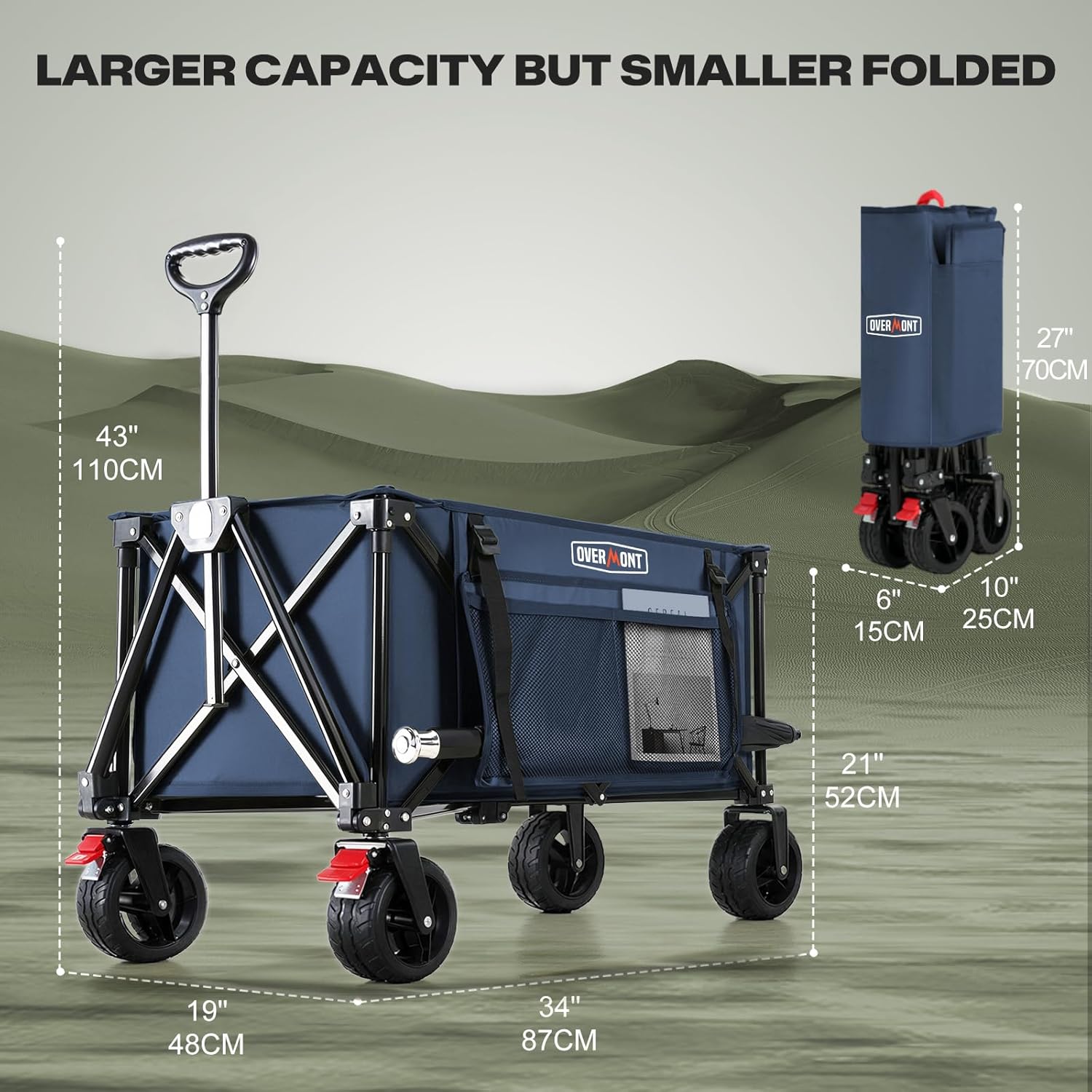 Overmont Festival Camping Trolley on Wheels - Heavy Duty Folding Beach Wagon Cart with Extra Wide Wheels, 330lbs Capacity, Adjustable Handle, Portable for Outdoor, Garden, Shopping, Fishing - Blue - Image 7