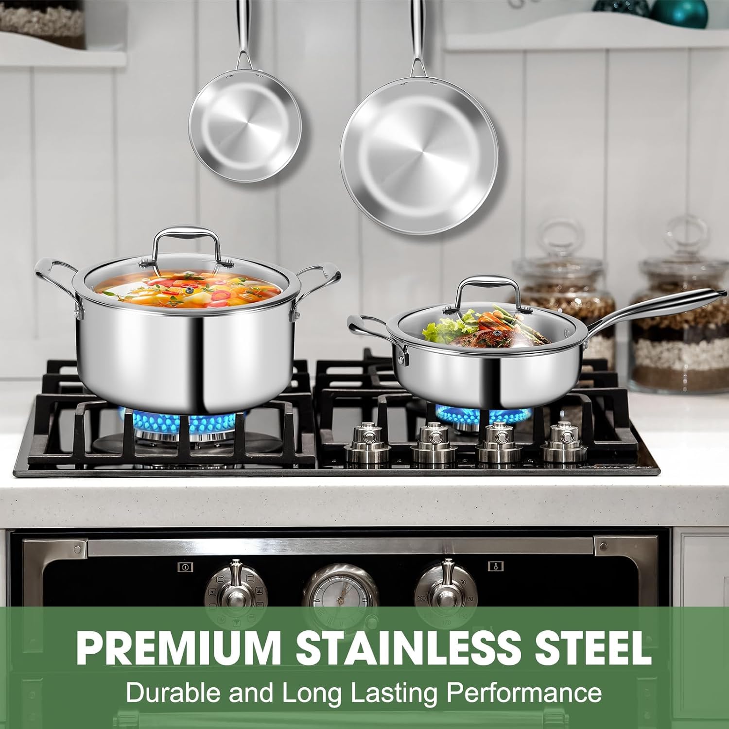 3 Ply Stainless Steel Pot and Pan Set – 11pcs Cookware Set with Glass Lids – Induction Pots and Pans Set – Saucepan Pots & Frying Pan Set, Oven Safe, PFOA, PTFE & PFOS Free - Image 2