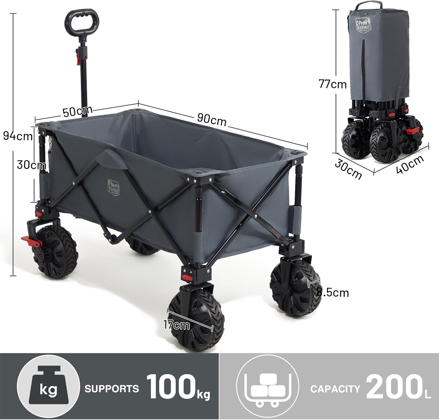 TIMBER RIDGE Festival Trolley on Wheels with Brakes, 200L Folding Camping Trolley Cart with Adjustable Handle & Cover Bag, 100kg Heavy Duty Cart Wagon for Shopping Outdoor Garden Picnic - Image 7