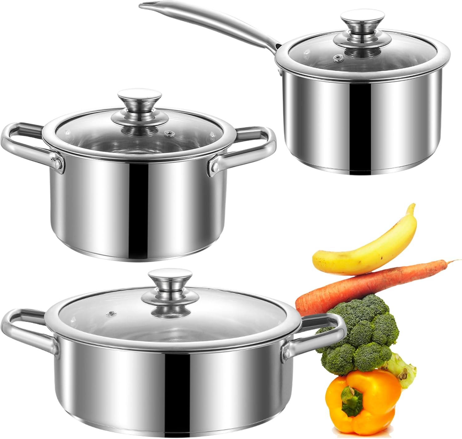 Stainless Steel pots and Pans Set, 6 PCS Nonstick Induction Kitchen Cookware Set, Works with Induction/Electric and Gas Cooktops, Nonstick, Oven Safe, Camping Cookware