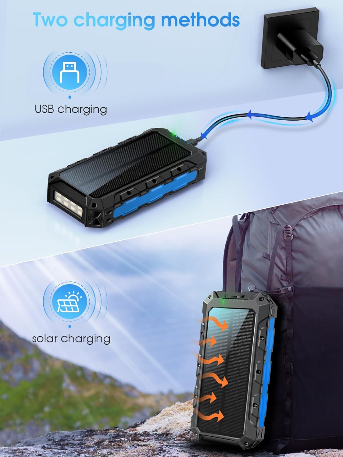 52800mAh Power Bank : Solar Charger, 30W PD Fast Charging, Wireless Charger, Battery Pack with 3 Built-in Cables, 7 Outputs, Flashlights, Portable Charger for Smartphone, Tablet (Blue) - Image 5