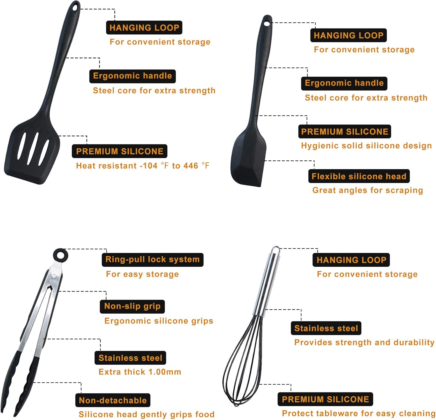 Kitchen Utensils Set - 25pcs Silicone Kitchen Utensils Set, BPA Free Food Grade Non Stick Coating Silicone Spatulas Kitchen Utensils, Heat Resistant and Easy Clean, Black - Image 3