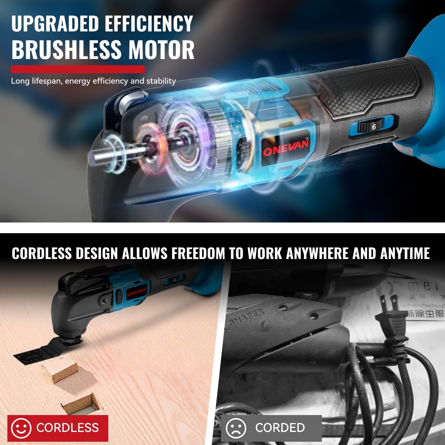 Multi Tool Oscillating - 900W Brushless Multitool Cordless, 4° Oscillation Angle & 6-Speed, with 22 Accessories, 2 * 2.0Ah Batteries, Oscillating Multi-Tool for Sawing, Cutting, Sanding - Image 2