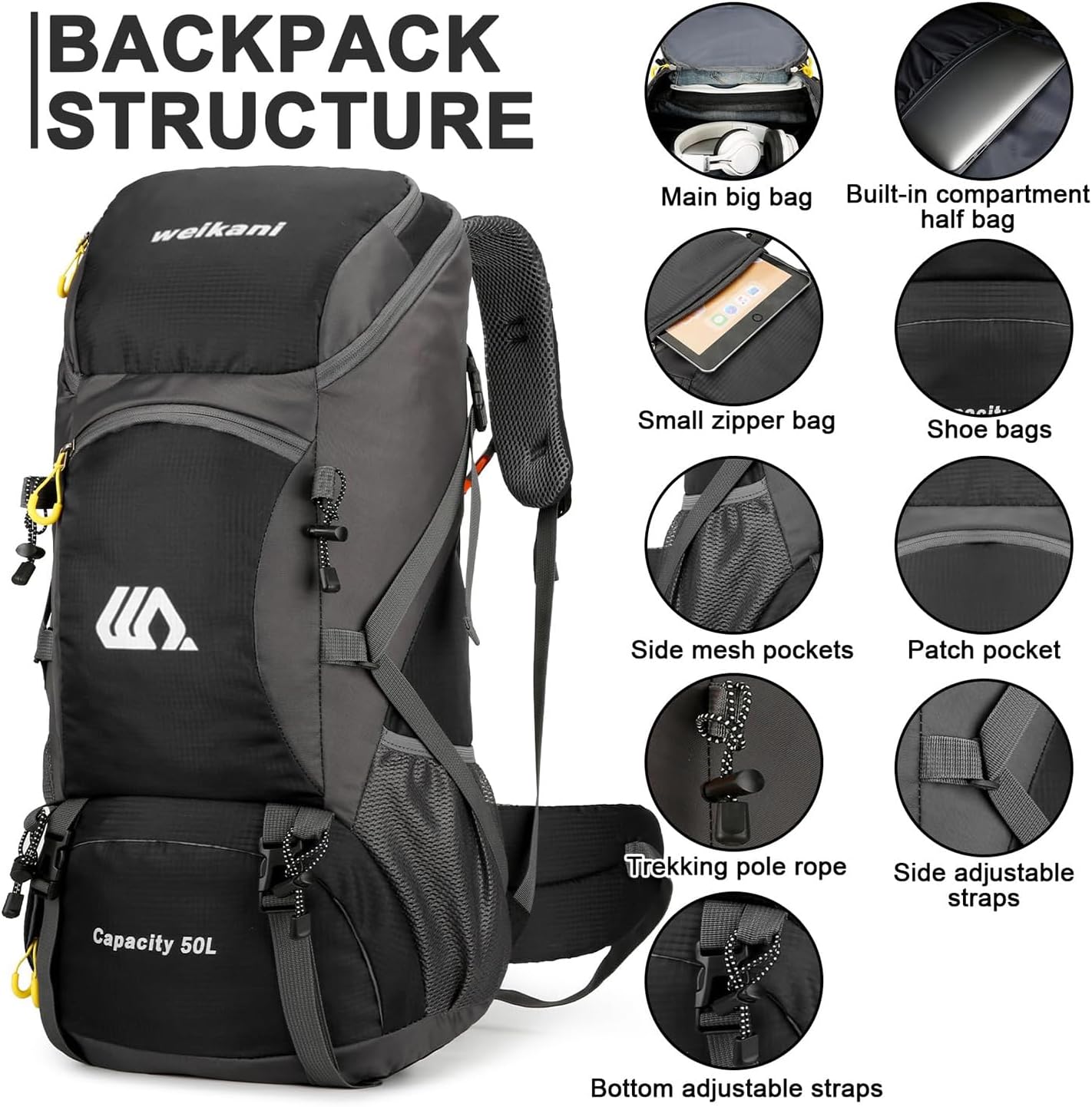 jianyana Hiking Backpack Waterproof 50L Foldable Rucksack Durable Lightweight Camping Bag with Rain Cover for Camping Trekking Hiking Walking Cycling Climbing Outdoor Sports for Women Men - Image 4