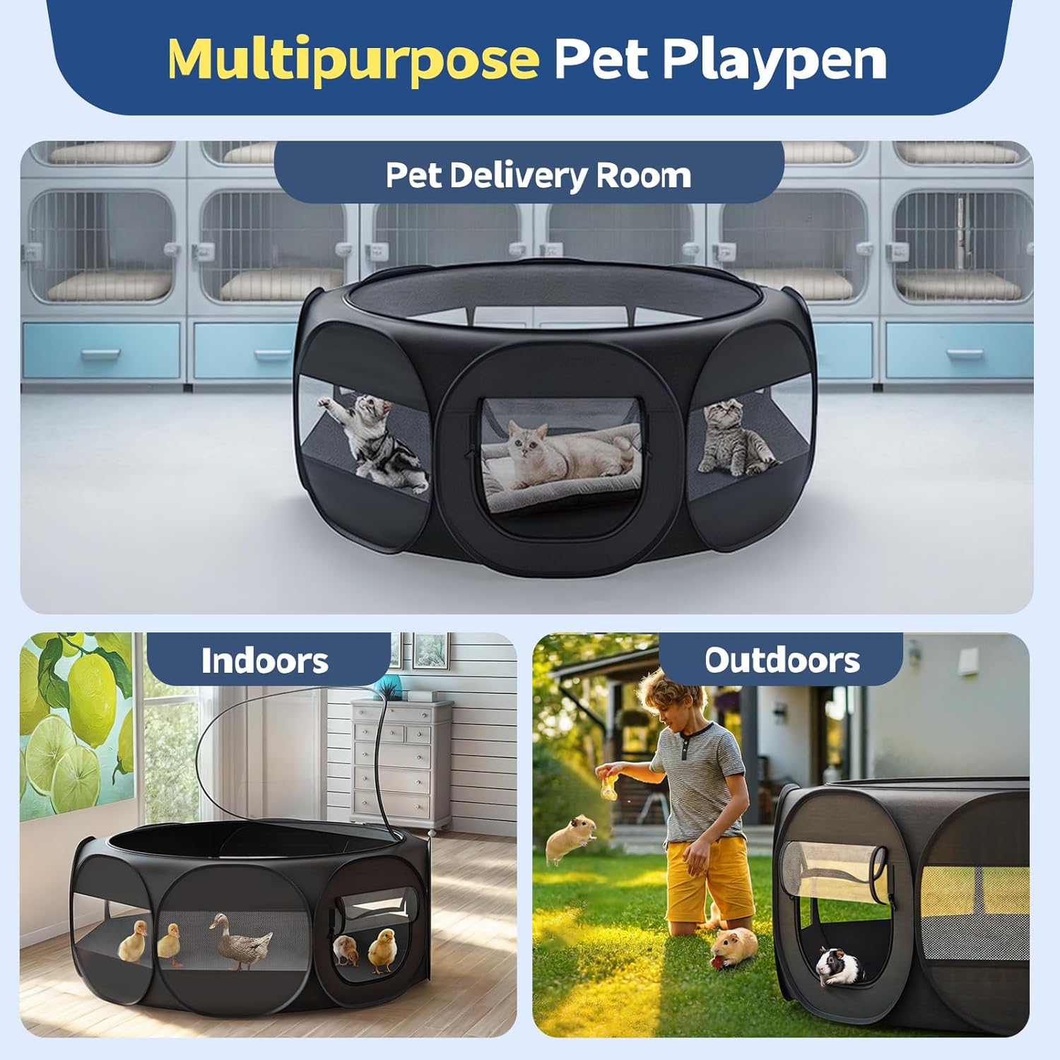 Small Animal Playpen, Chicken Brooder Box with Cover Top, Portable Outdoor Exercise Pet Cage Tent, Waterproof Breathable Pet playpen Indoor for Chick Ktiien Bunny Hamster Guinea Pig, Black - Image 7