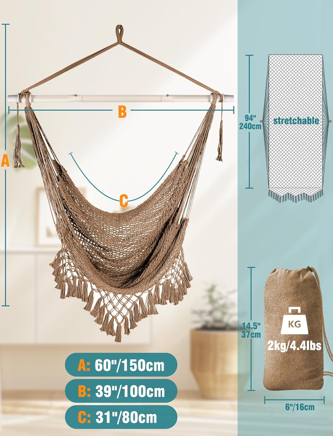 Chihee Super Large Hanging Hammock Chair, Soft-Spun Cotton Rope Weaving, Collapsible Strong Metal Spreader Bar, Wide Seat Lace Stretch Swing, Indoor/Outdoor Garden Yard Theme Decoration - Image 4