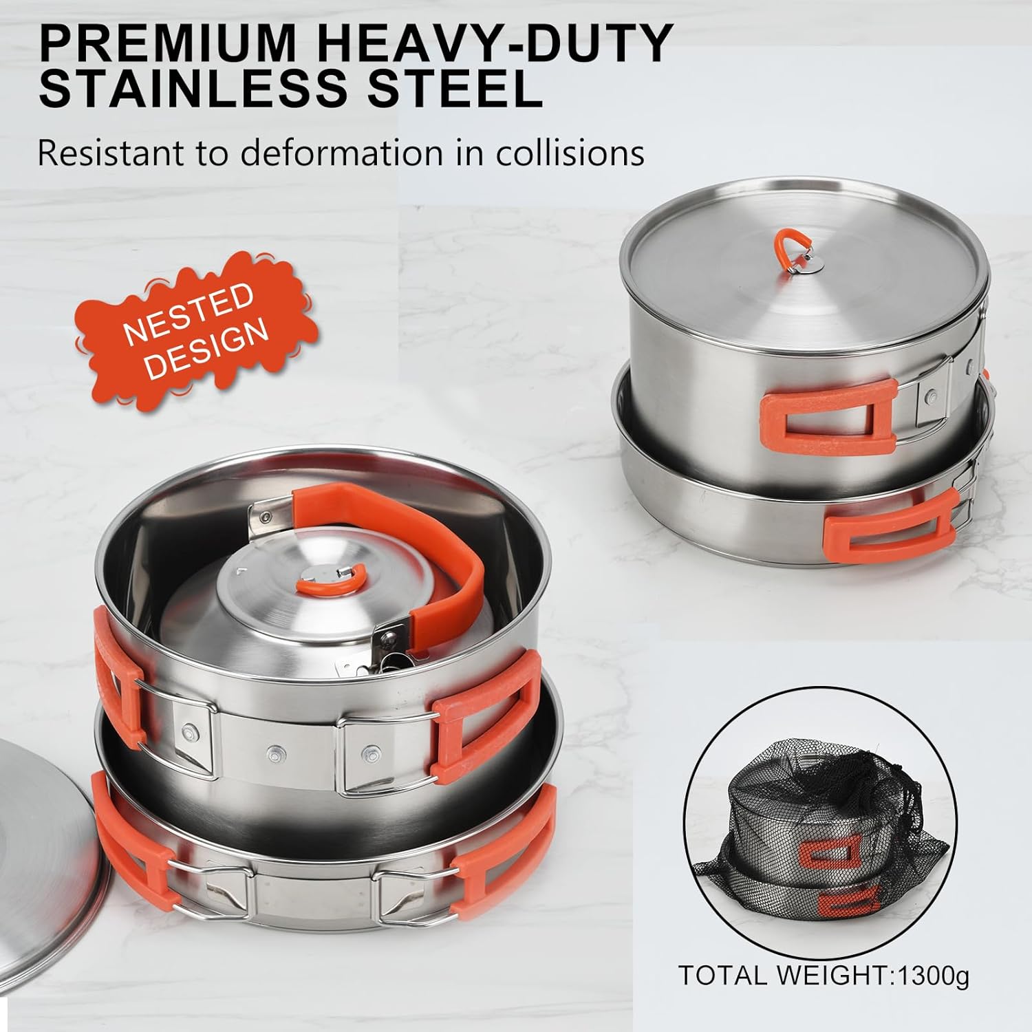 304 Stainless Steel Camping Cookware Set - Large Frying Pan, Pot & Kettle with Folding Handle, Lightweight Fast Boil Suitable Indoor & Outdoor Cooking for Fishing, Backpacking, Picnic 3-6 People - Image 4