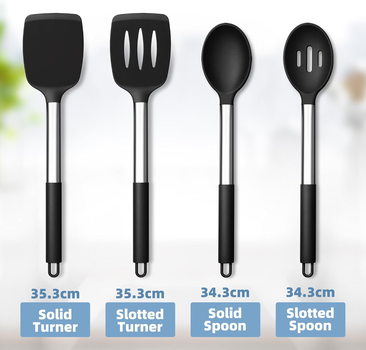 Herogo Kitchen Utensil Set of 4, Silicone Utensil Set with Stainless Steel Handle, Cooking Utensils Set with Non-Stick Heat Resistant Silicone for Cooking/Frying/Draining, Dishwasher Safe - Black - Image 2