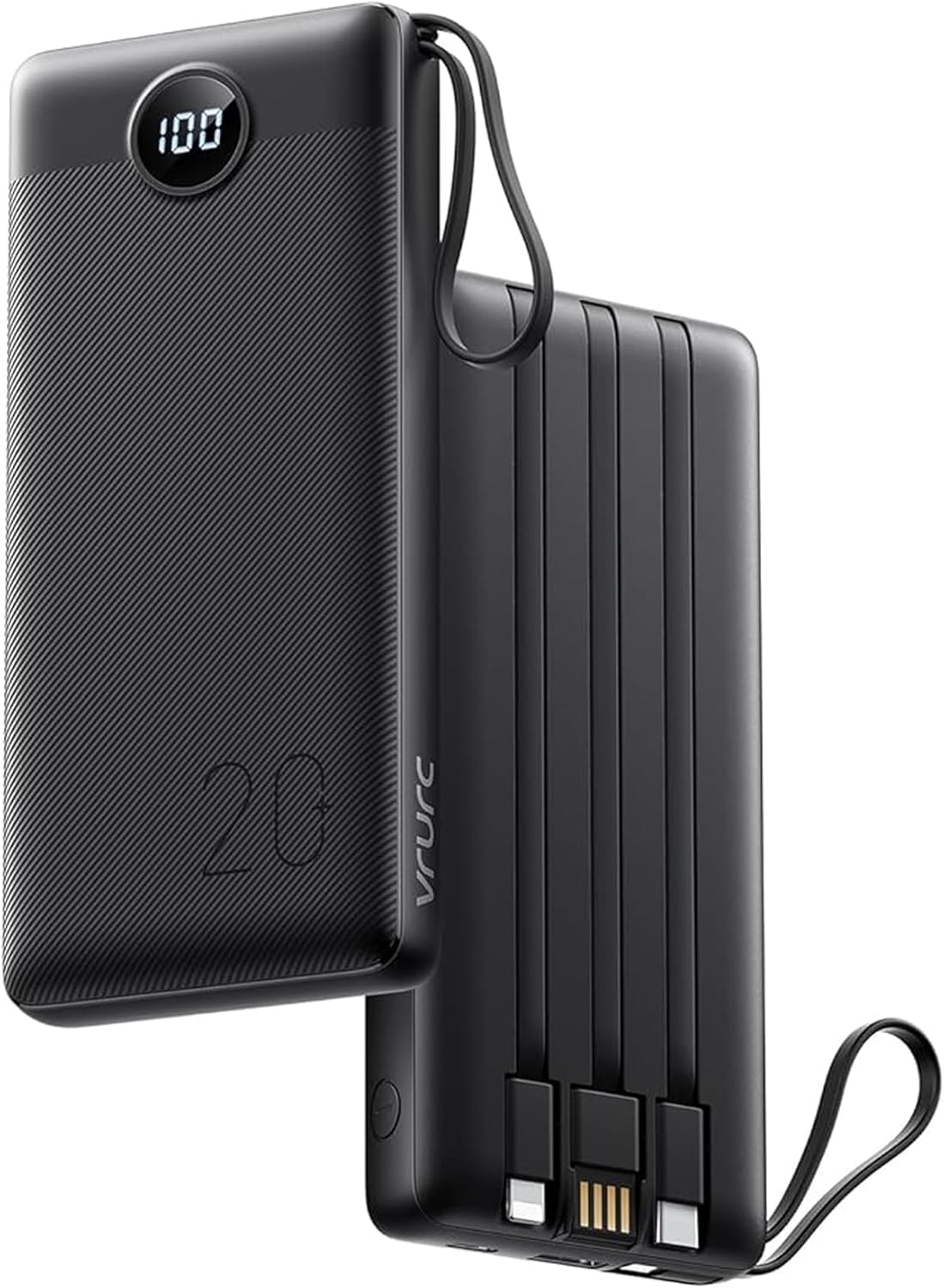 VRURC Portable Charger 20000mAh with Built in Fast Charging Cables,Power Bank PD 18W QC 3.0 Quick Charge USB C Battery Pack with 5 Outputs & 2 Inputs Compatible with Smart phones