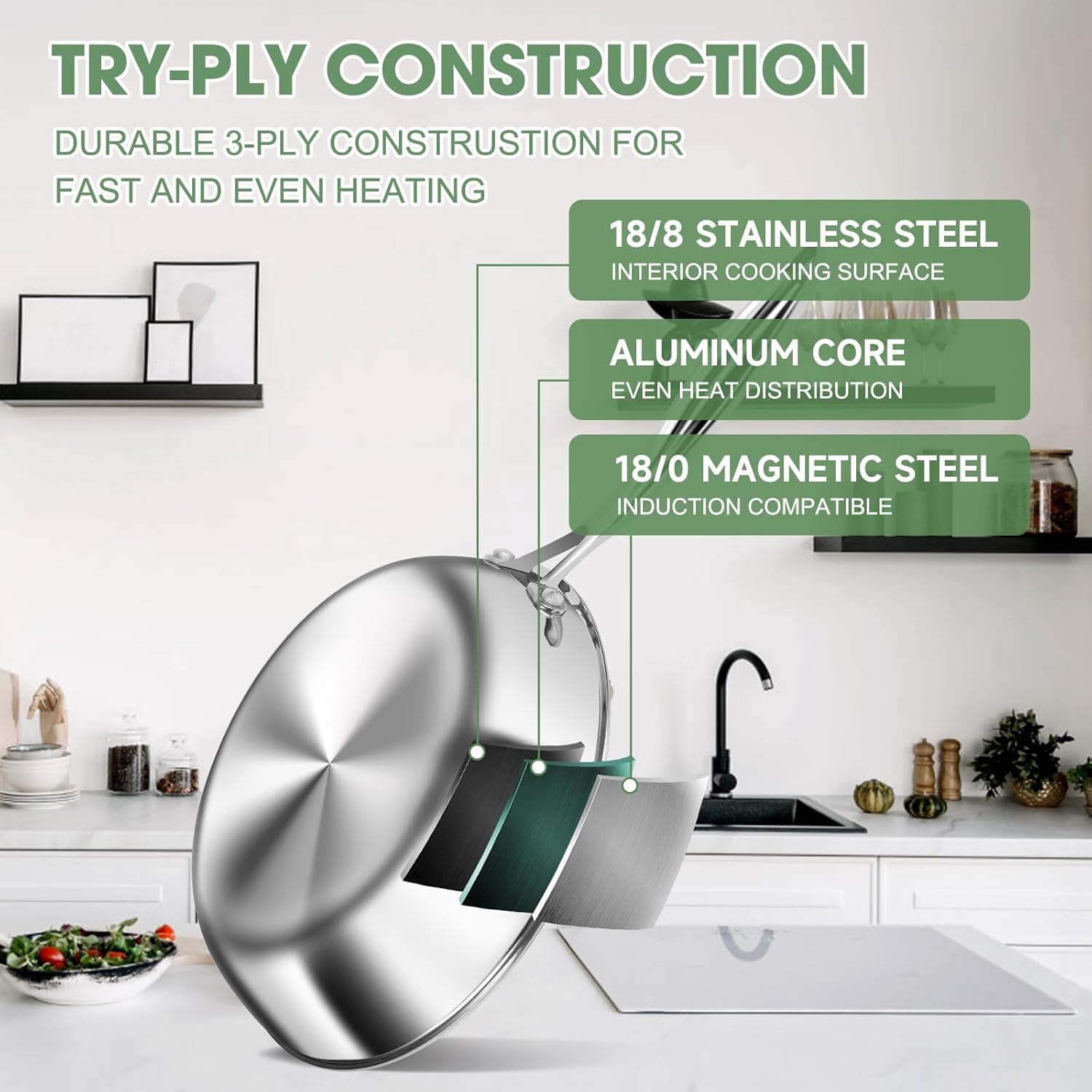 3 Ply Stainless Steel Pot and Pan Set – 11pcs Cookware Set with Glass Lids – Induction Pots and Pans Set – Saucepan Pots & Frying Pan Set, Oven Safe, PFOA, PTFE & PFOS Free - Image 5