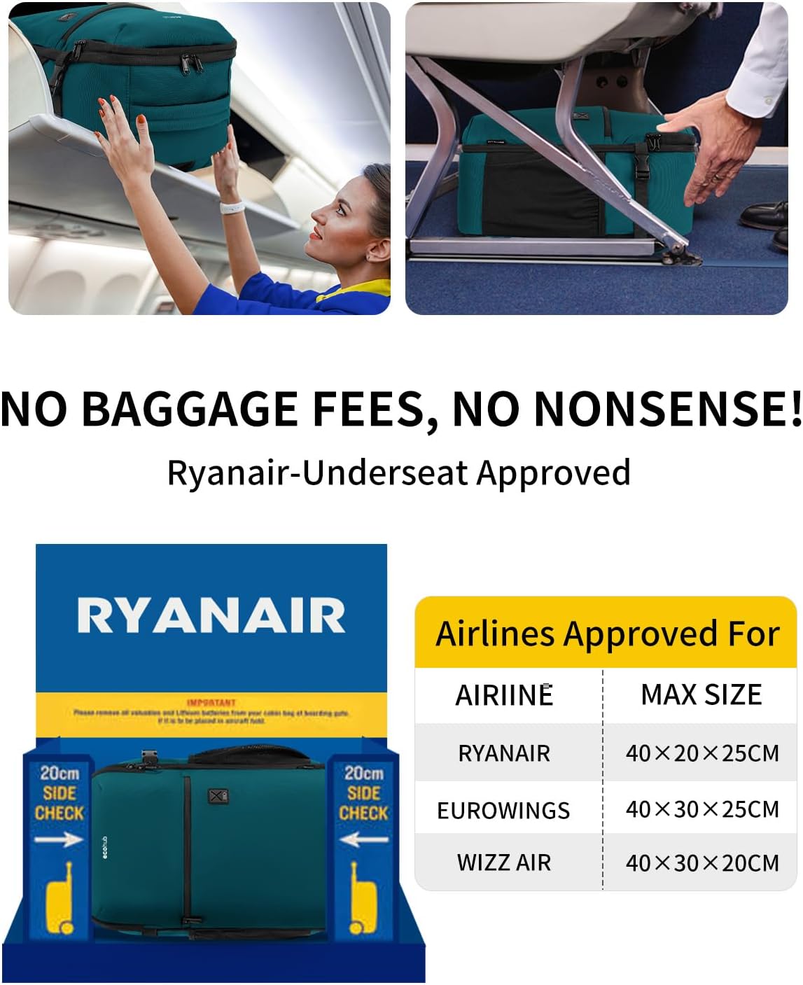ECOHUB for Ryanair Cabin Bags 40x20x25, Underseat Travel Backpack with Anti-theft Pocket, Cabin Size Carry on Bag for Airplanes, Water-resistant Hand Luggage Bag with Laptop Compartment, 20L-BlueGreen - Image 2