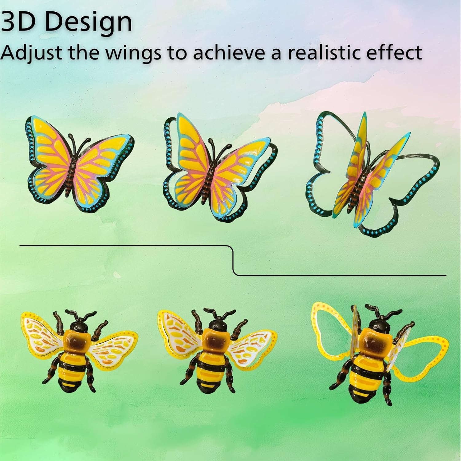 Zyomiol 3 Pcs Garden Wall Art Decor Outdoor, 3D Rustproof Wrought Iron Colourful Wall Sculptures, Hanging Metal Butterfly Bee Ladybird Insect Decorations for Backyard Balcony Indoor Living Room - Image 4