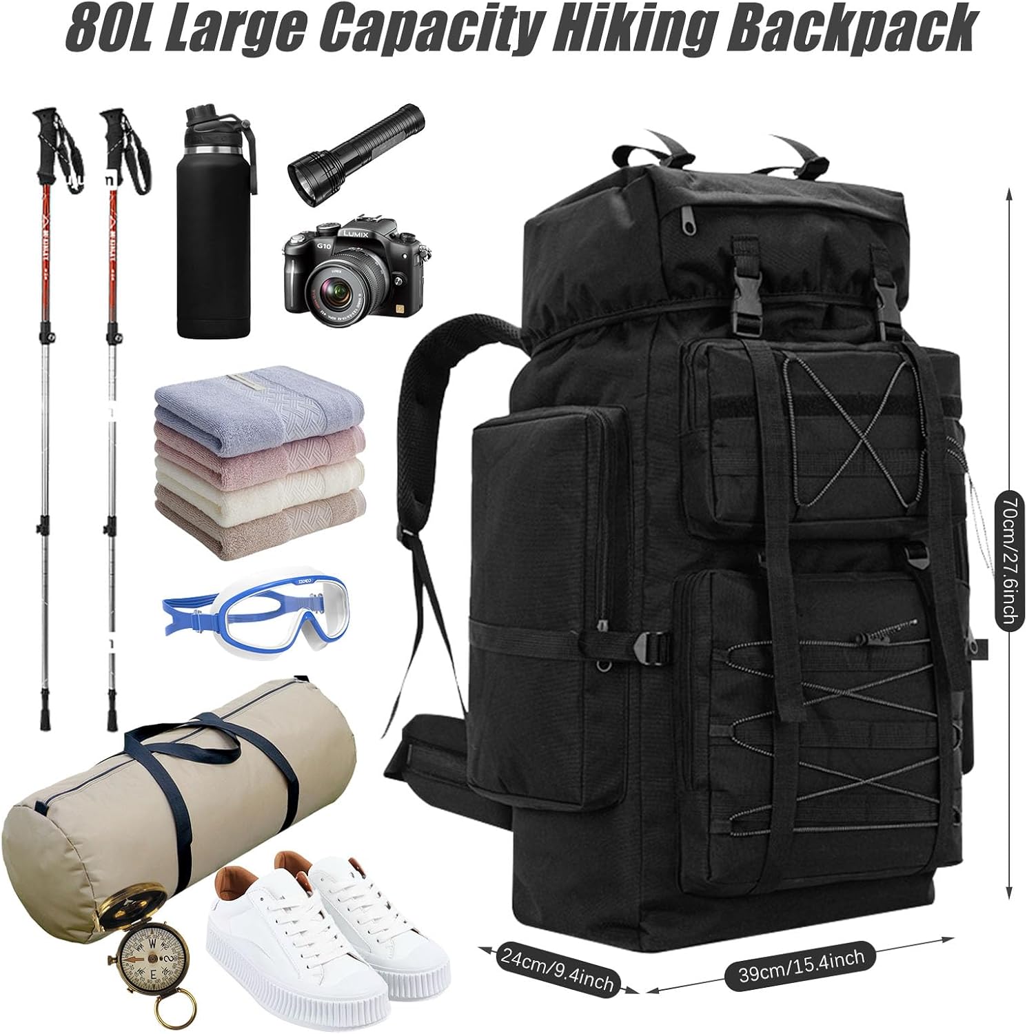 80L Hiking Backpack Large Rucksack for Men Women Waterproof Durable 80 Litre Camping Backpack Water Resistant Daypack Rucksack for Camping Cycling Climbing Walking Mountaineer Outdoor Sports - Image 2