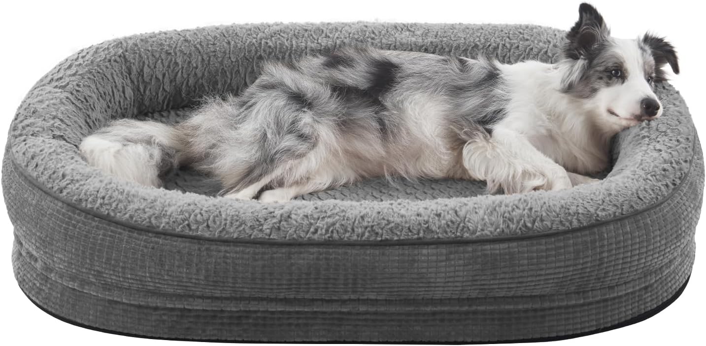 Pawk Large Dog Bed, Orthopedic Memory Foam Dog Beds, Washable Dog Bed, Fits up to 23kg, Four-Sided Neck Pillow, Good for Doberman Pinscher, Sheltie, Border Collie, Australian Herding Dog, Dark gray