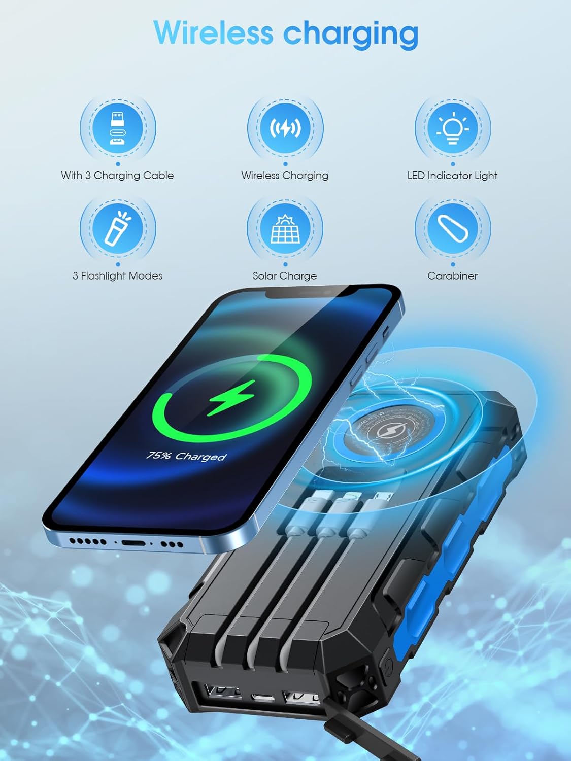 52800mAh Power Bank : Solar Charger, 30W PD Fast Charging, Wireless Charger, Battery Pack with 3 Built-in Cables, 7 Outputs, Flashlights, Portable Charger for Smartphone, Tablet (Blue) - Image 3