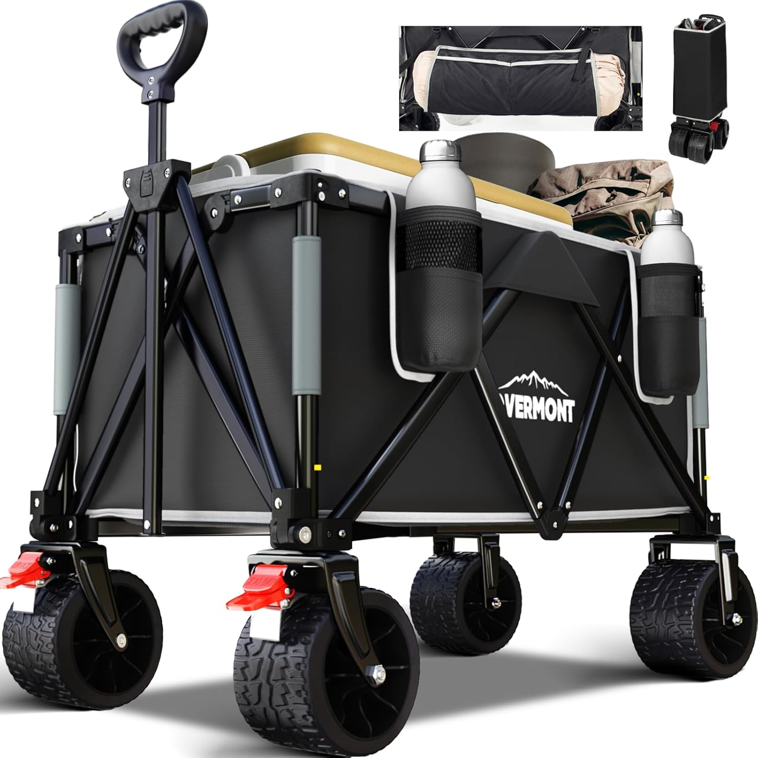 Overmont 150kg Festival Camping Trolley on Wheels – Heavy Duty Folding Wagon Cart with Detachable All-Terrain Wheels, Brake, Adjustable Handle, Portable for Outdoor, Beach, Garden & Shopping – Black