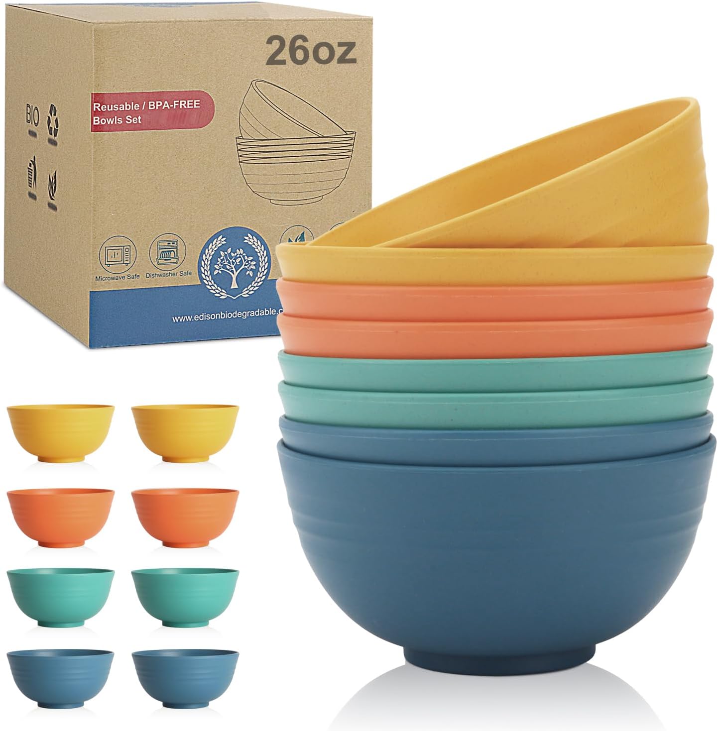 Wrova Reusable Plastic Bowl Sets 8 PCS Unbreakable Cereal Bowl 26 OZ Microwave and Dishwasher Safe Bowl Sets for Camping and Picnic Lightweight Kitchen Bowls for Serving Soup, Oatmeal and Fruit-Multi