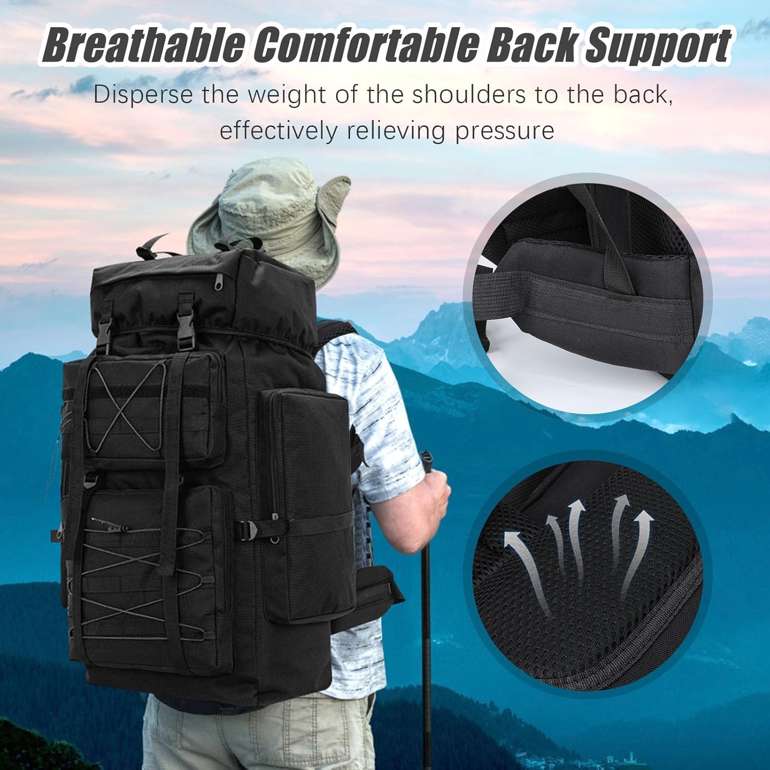 80L Hiking Backpack Large Rucksack for Men Women Waterproof Durable 80 Litre Camping Backpack Water Resistant Daypack Rucksack for Camping Cycling Climbing Walking Mountaineer Outdoor Sports - Image 3