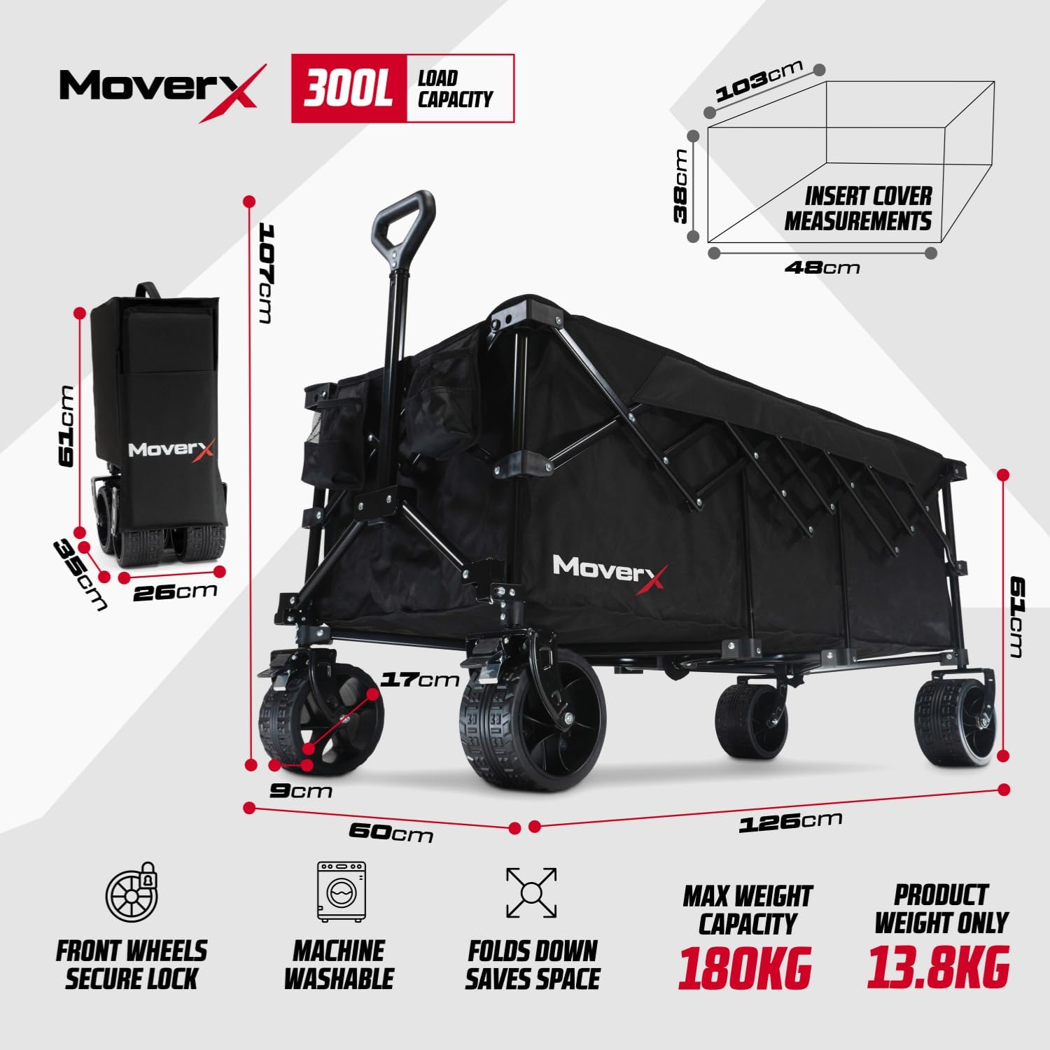 MoverX 300L Festival Trolley on Wheels, Folding Wagon, Portable Camping Cart, Collapsible Foldable Trolly for Beach Outdoor Garden Picnic Shopping Fishing, Wide Wheels, Adjustable Handl, Black - Image 2