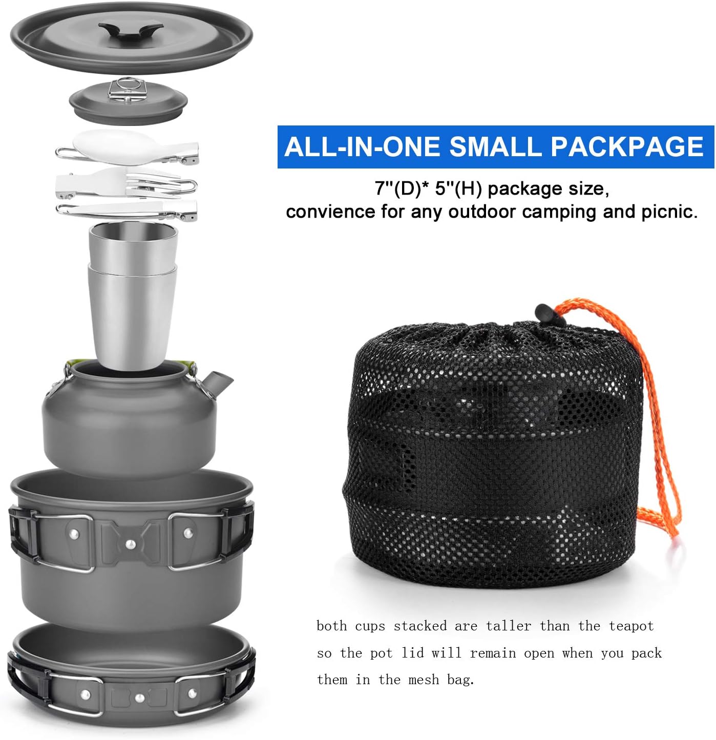 Odoland Camping Cooker Pan Set Aluminum Camping Cookware Kit for 2 People, Portable Outdoor Pot Pan Stove Kettle 2 Cups and Tableware - Backpacking Cookware for Picnic Trekking and Hiking - Image 2