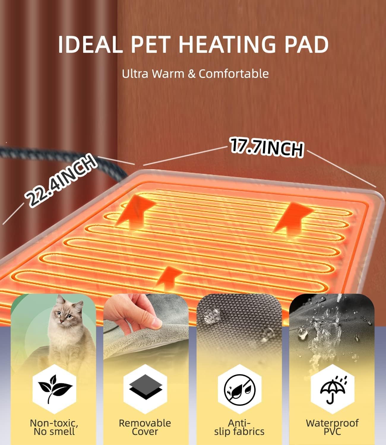 Dog Cat Heating Pad Pressure Activated Pet Heating Pad Safe Automatic Electric Heated Bed Mat for Indoor Pet, Warming Pad with Chew Resistant Cord, Adjustable Temperature, Waterproof Washable 18 X 22" - Image 8
