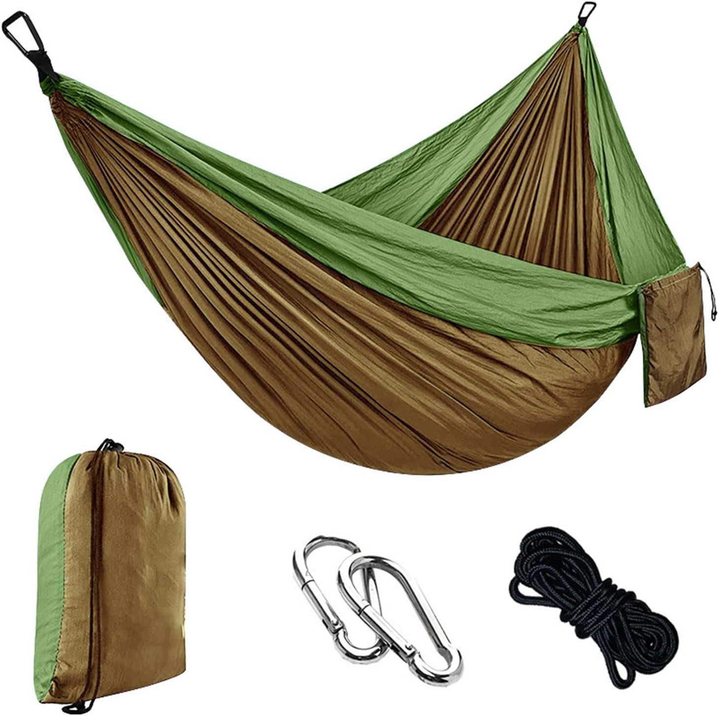 Camping Hammock – Ultra-Light Portable Hammock with 300kg Load Capacity, Parachute Nylon Garden Hammocks for Outdoor & Indoor, Includes 2 Carabiners & 2 Nylon Slings, Compact Travel Hammocks, Green