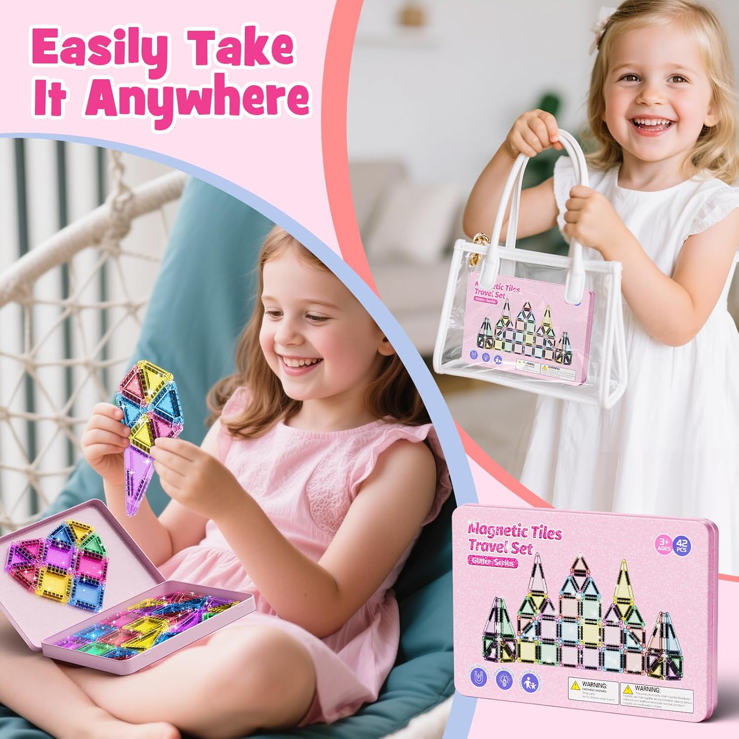 Travel Magnetic Tiles Glitter Construction Set 42pcs Travel Toys for Kids MINI Magnet Tiles with Iron Box Base, Magnetic Building Blocks Stem Toy Gift for 3+ Years Girl - Image 3