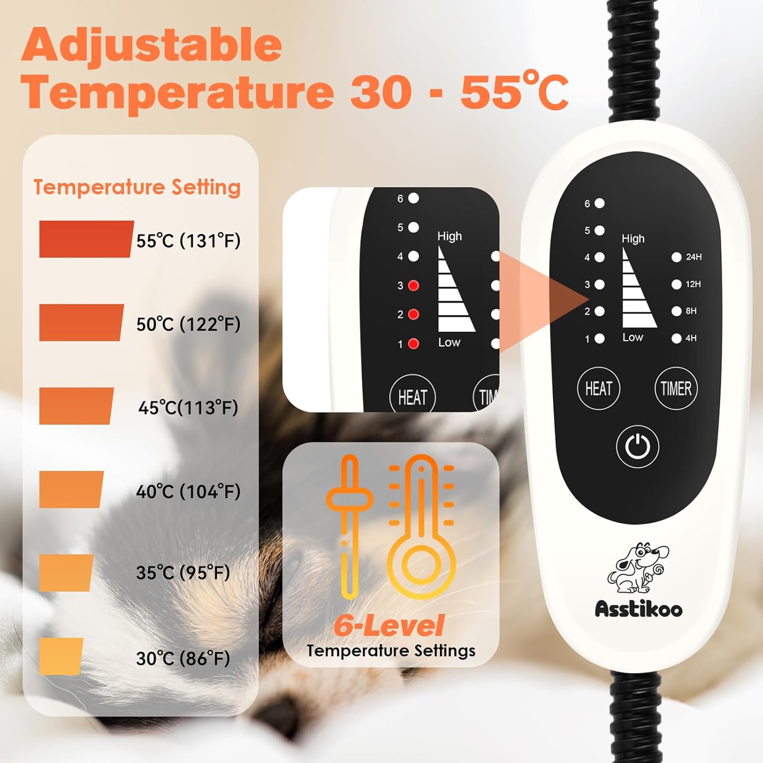 Pet Heating Pad, Adjustable Dog Heating Pad with 4-Level Timer and 30-55℃ Temperature, Cats Indoor Heating Blanket for Puppies with Chew Resistant Cord, Electric Pet Heated Mat(M-45 * 45cm) - Image 3