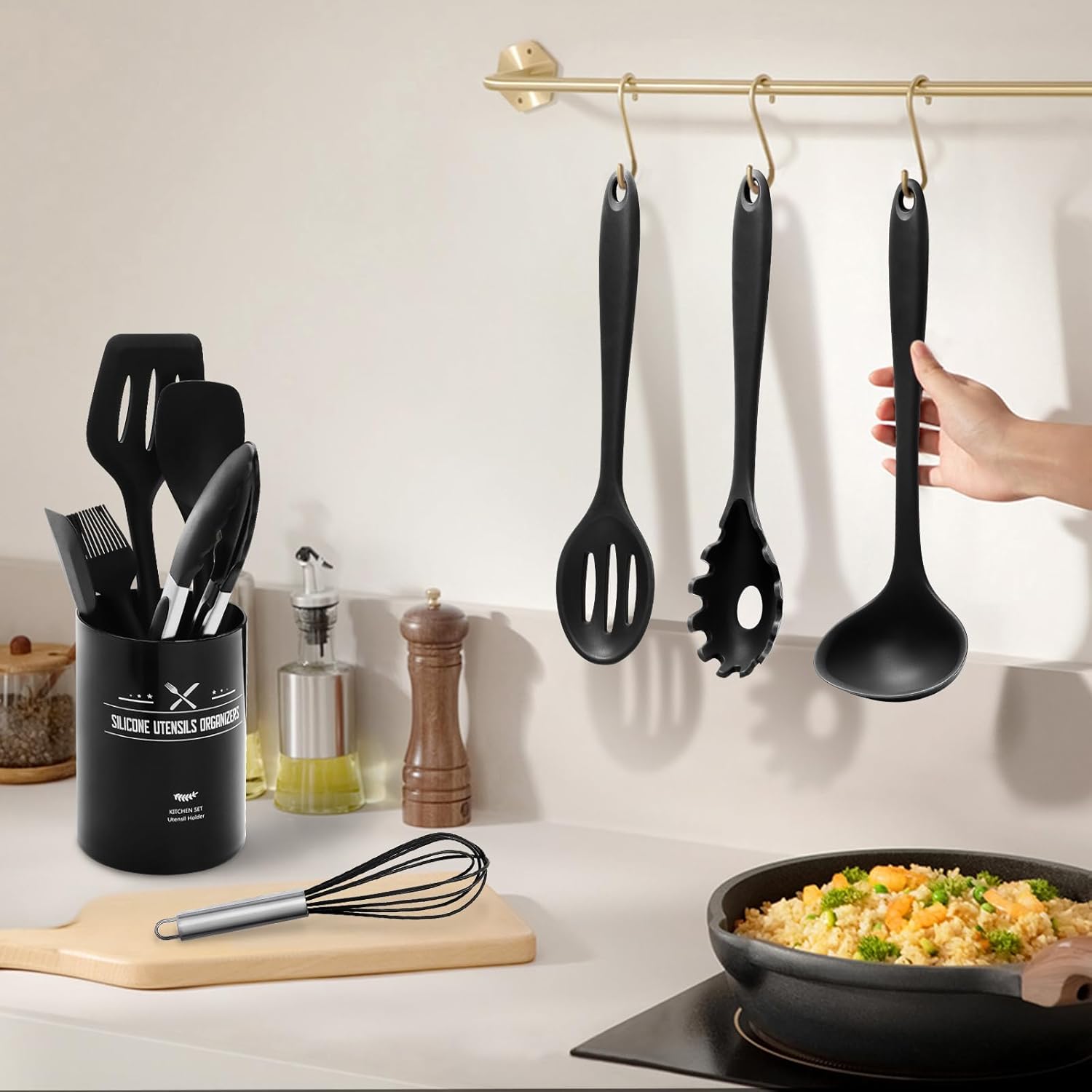 Silicone Kitchen Utensils Set - 12pcs Cooking Utensils Set with Holder, BPA Free Food Grade Non Stick Coating Silicone Spatulas Kitchen Utensils, Heat Resistant & Easy Clean, Black - Image 7