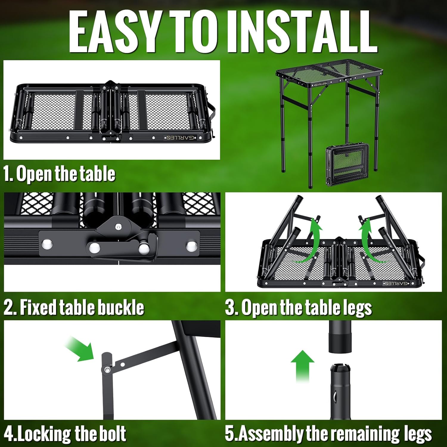 GARLLRN 2ft Folding Grill Table Max Height 70cm, 3-Height Adjustable Camping Table with Heat-Resistant Mesh Tabletop, Portable Aluminum Picnic Tables for BBQ, Camping, Outdoor, 22.8"L x 15.7"W - Image 7