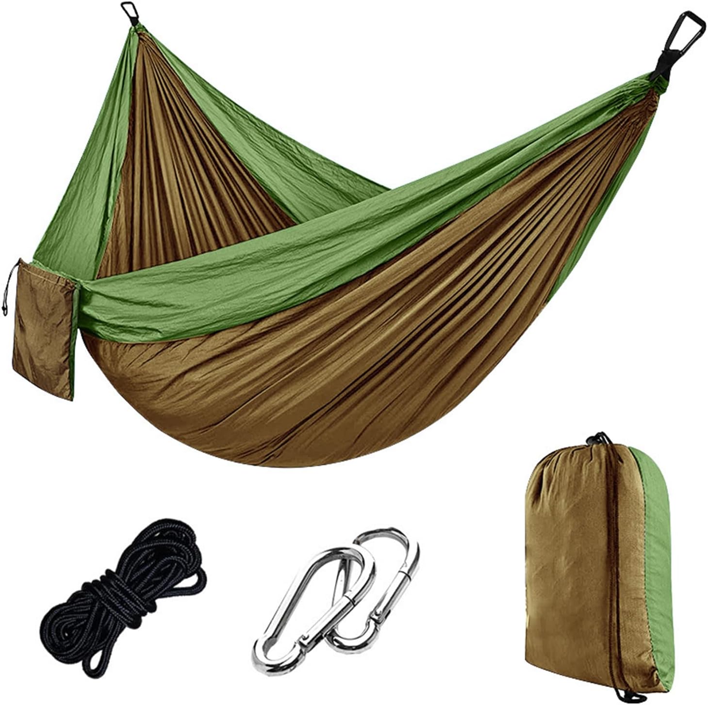 Camping Hammock – Portable Double Hammock 270 x 140 cm, 300kg Load Capacity, with Carabiners & Nylon Straps – Travel Hammocks for Outdoor, Indoor, Garden, Beach, Hiking, Olive Green