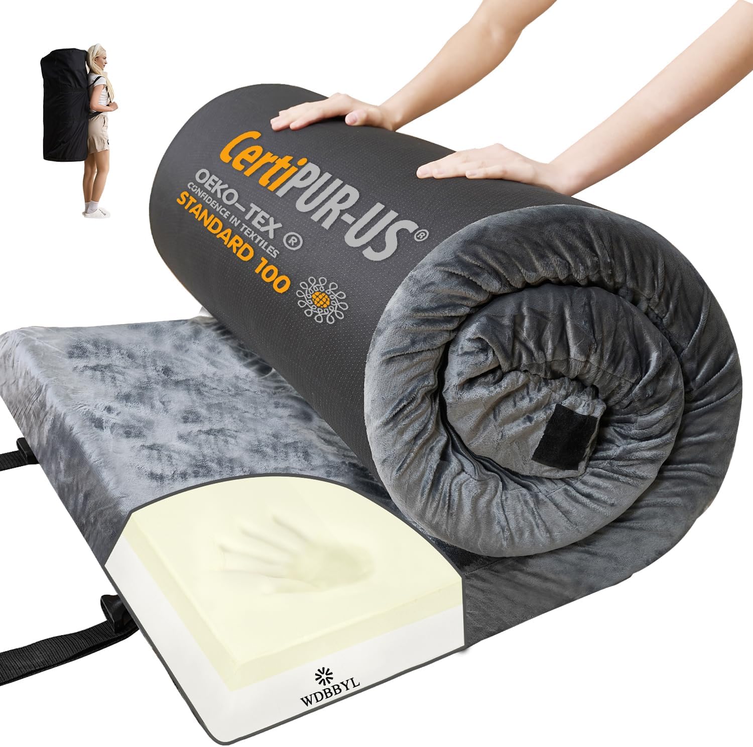 Memory Foam Camping Mattress With Waterproof Velvet Cover,Travel Car Camping,Portable Roll Up Mats,Twin/Single/Cot Size | Indoor Floor Mats, Guest Bed Pads with Carry Bag Removable Cover