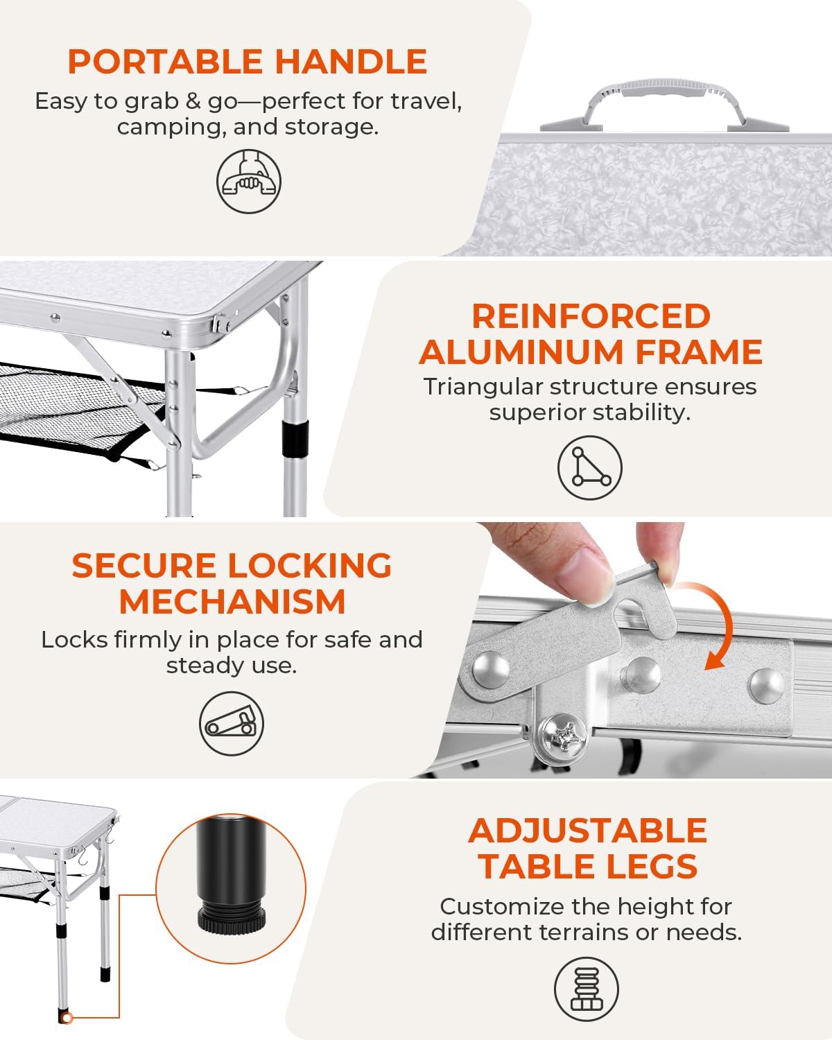 Sportneer Folding Camping Table, Adjustable Height Small Folding Table Portable Camp Tables (23.6" L x 15.7" W (2 Height)) with Mesh Layer for Outdoor Camp Garden Picnic BBQ Dining Cooking - Image 5