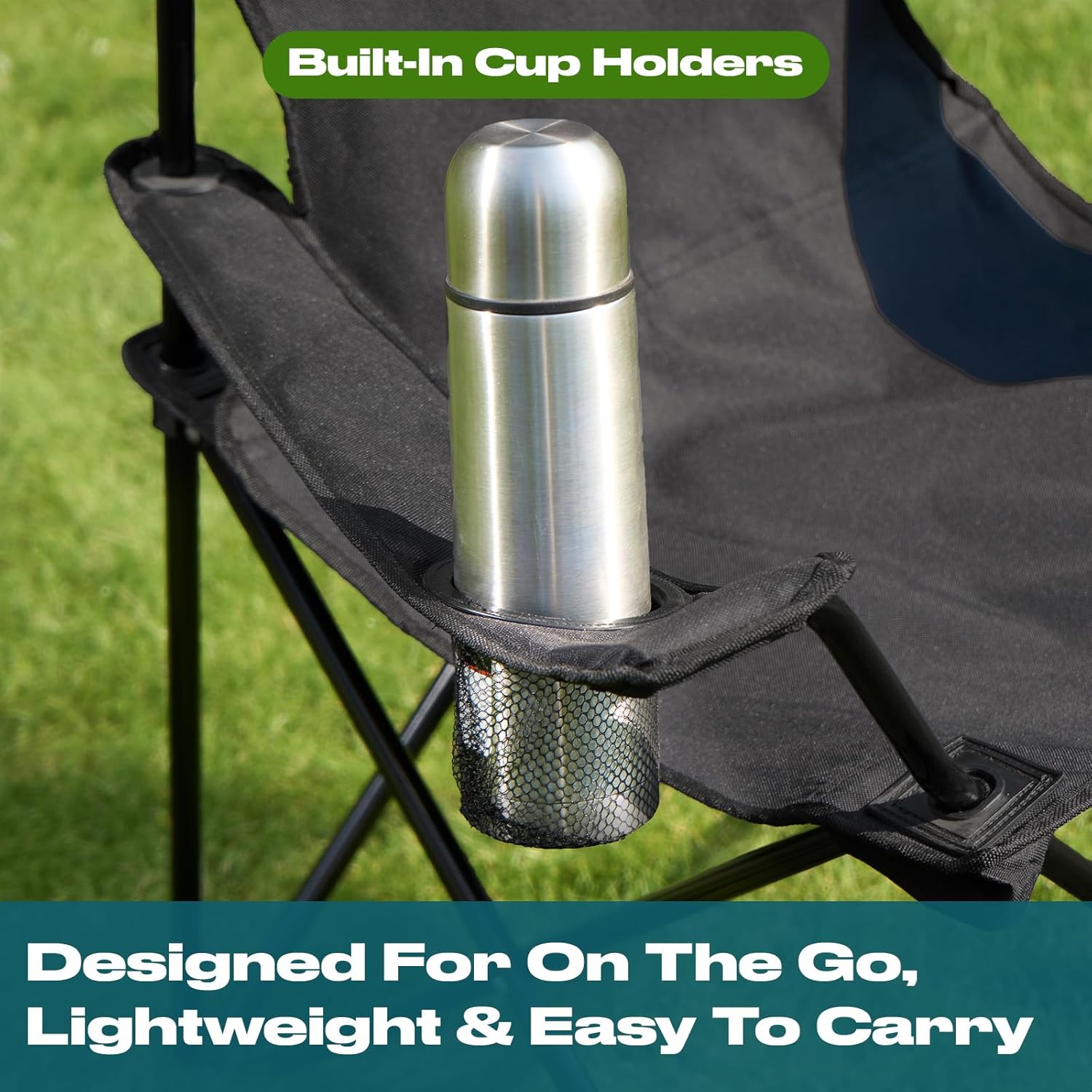 OHS Folding Camping Chairs Set of 2, High Back Camping Chair Outdoor Lightweight Compact Foldable Picnic Festival Garden Folding Chairs Outdoor for Adults with Drinks Cup Holder, Black - Image 7