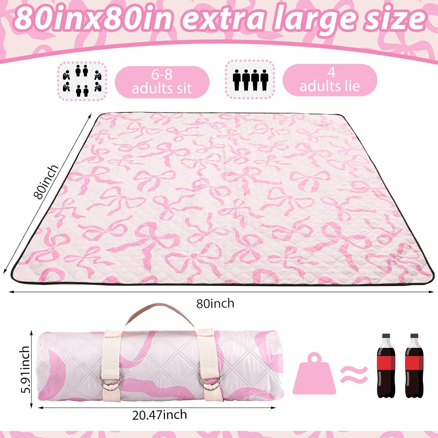 Pink Bow Picnic Blanket 80'' x 80'' Waterproof Extra Large Camping Blanket Coquette Picnic Mat Foldable Portable Preppy Outdoor Beach Mat with Carry Strap for Outdoor Grass Lawn Park - Image 3