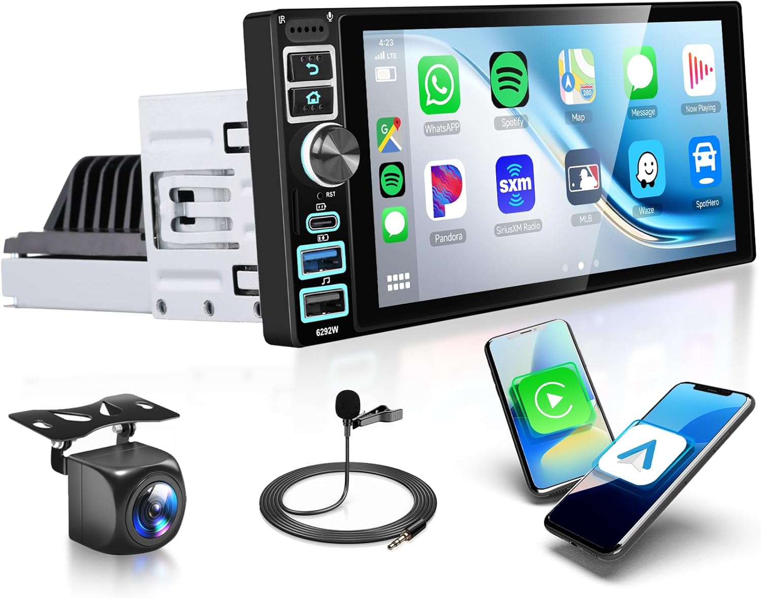 2G 64G Android Single Din Car Radio with Wireless Carplay Android Auto, 6.9 Inch Touchscreen Car Radio Bluetooth FM RDS GPS WiFi 32EQ Backup Camera