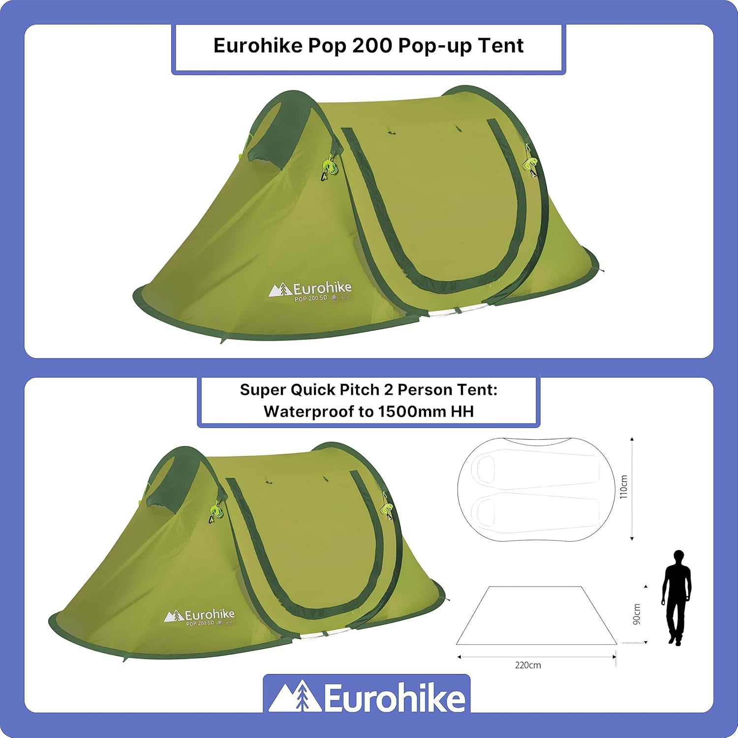 Eurohike Pop 200 Tent for 2 People with Sewn in Groundsheet, 2 Man, Easy to Pitch, Pop-Up Design, Lightweight, Compact, Ideal for Festivals, Weekend Trips, Hiking, Backpacking, 1500mm HH - Image 3